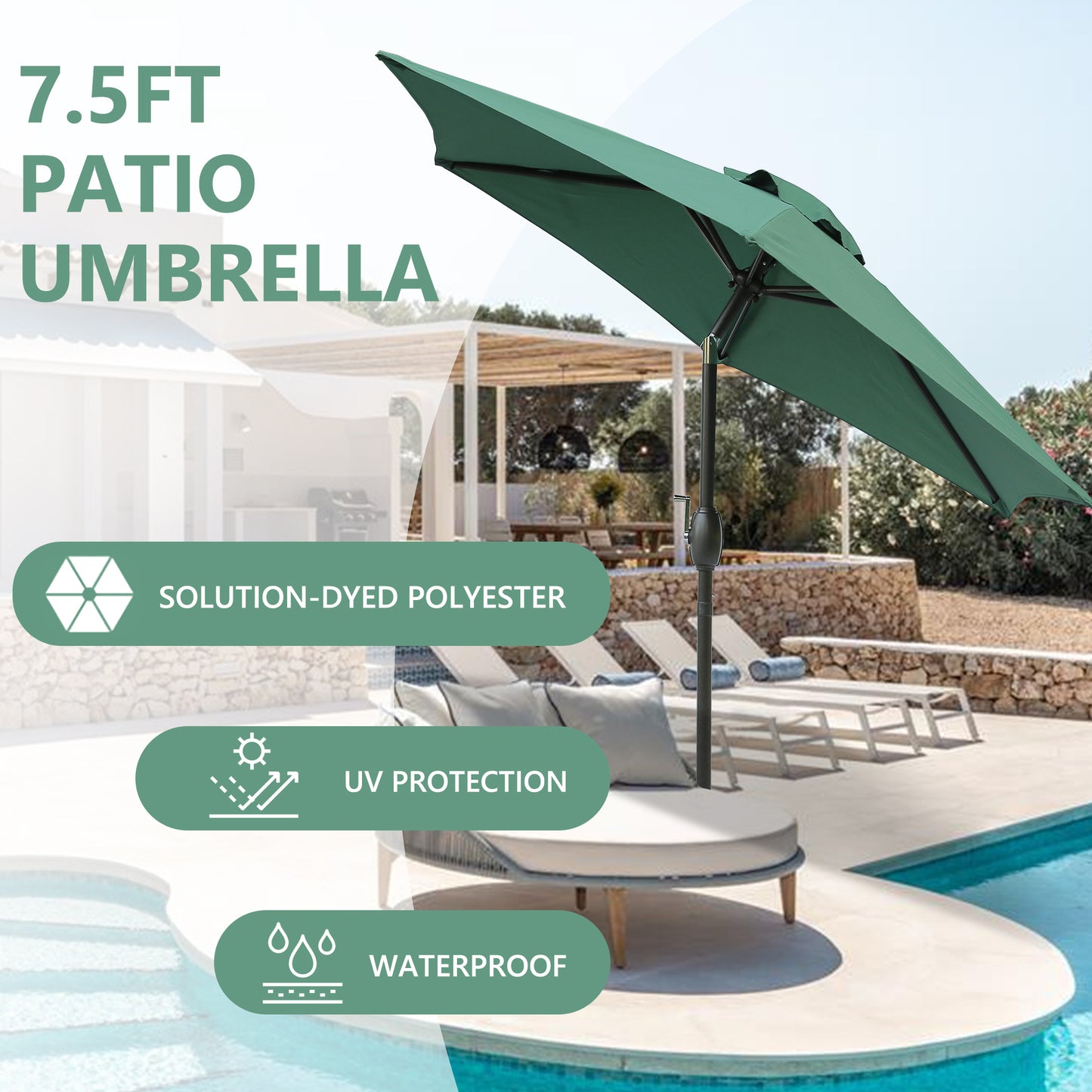 7.5ft * 7.5ft Patio Umbrella with Crank and Push Button Tilt, Outdoor Table Market Umbrella with Aluminum Pole - Dark Green