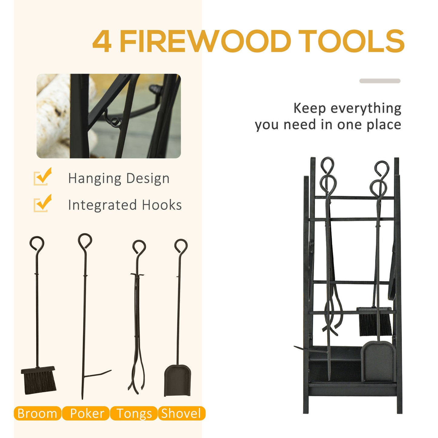 Firewood Rack with Fireplace Tools, Indoor Outdoor Firewood Holder, Flat Bottom with 2 Tiers for Fireplace, Wood Stove, Hearth or Fire Pit, Black