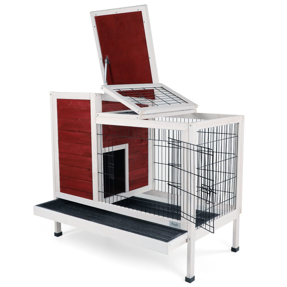 Two-Tier Wooden Indoor/Outdoor Rabbit Cage for Small Animals with Runway and Leak-Proof Plastic Tray,Red