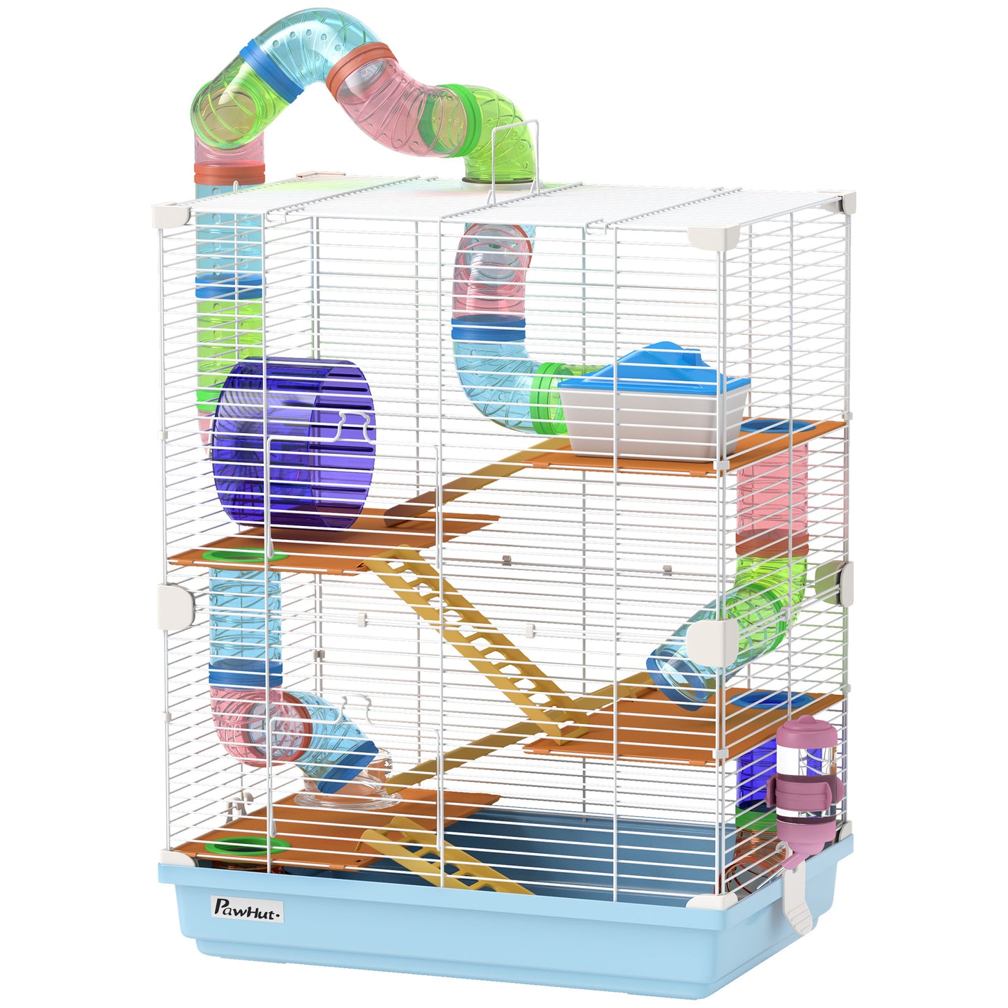 PawHut 18" 5 Tier Hamster Cage with Tubes and Tunnels, Small Animal Cage with Portable Carry Handle, Gerbil Cage with Water Bottle, Food Dish, Exercise Wheel, Light Blue