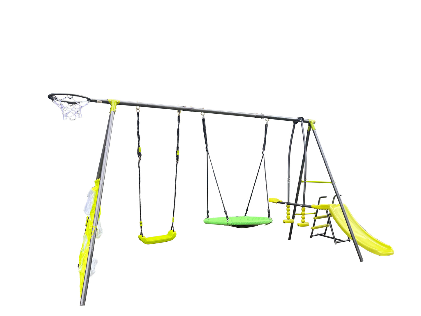 XNS052 green and blue interesting six function swingset with net swing metal plastic safe swing set 440lbs for outdoor playground for age 3+ with 31.5in net swing