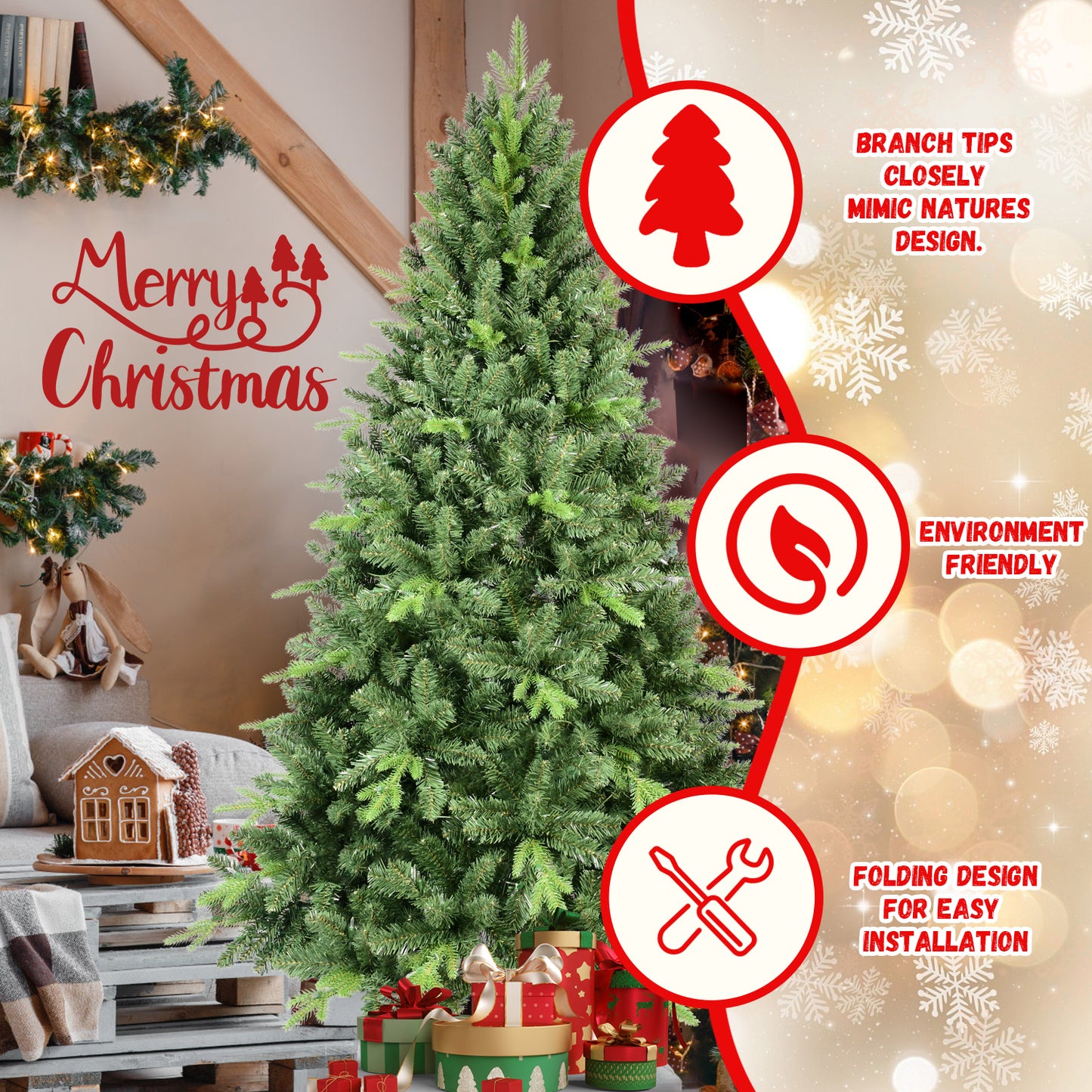 8FT Artificial Christmas Tree with 2535 PE&PVC Mixed Branch Tips, Unlit Hinged Premium Spruce Fake Xmas Trees, Hinged Branch & Foldable Base, Green