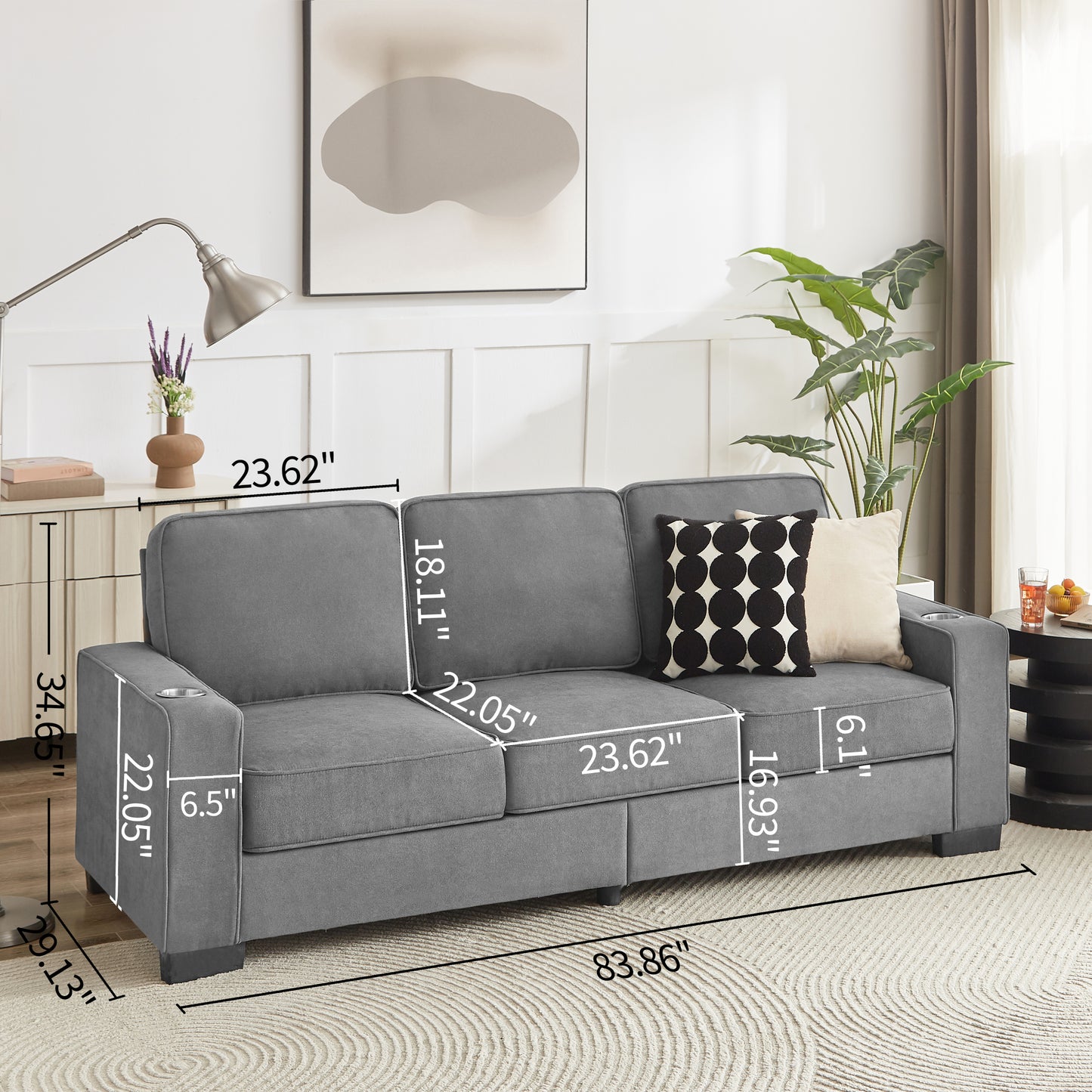 [SantaChoice] 83.86" Snowfleece Fabric sofa, Modern Compressed Couch, 3-Seater Sofa, Furniture for Living Room, Bedroom, office, Gray