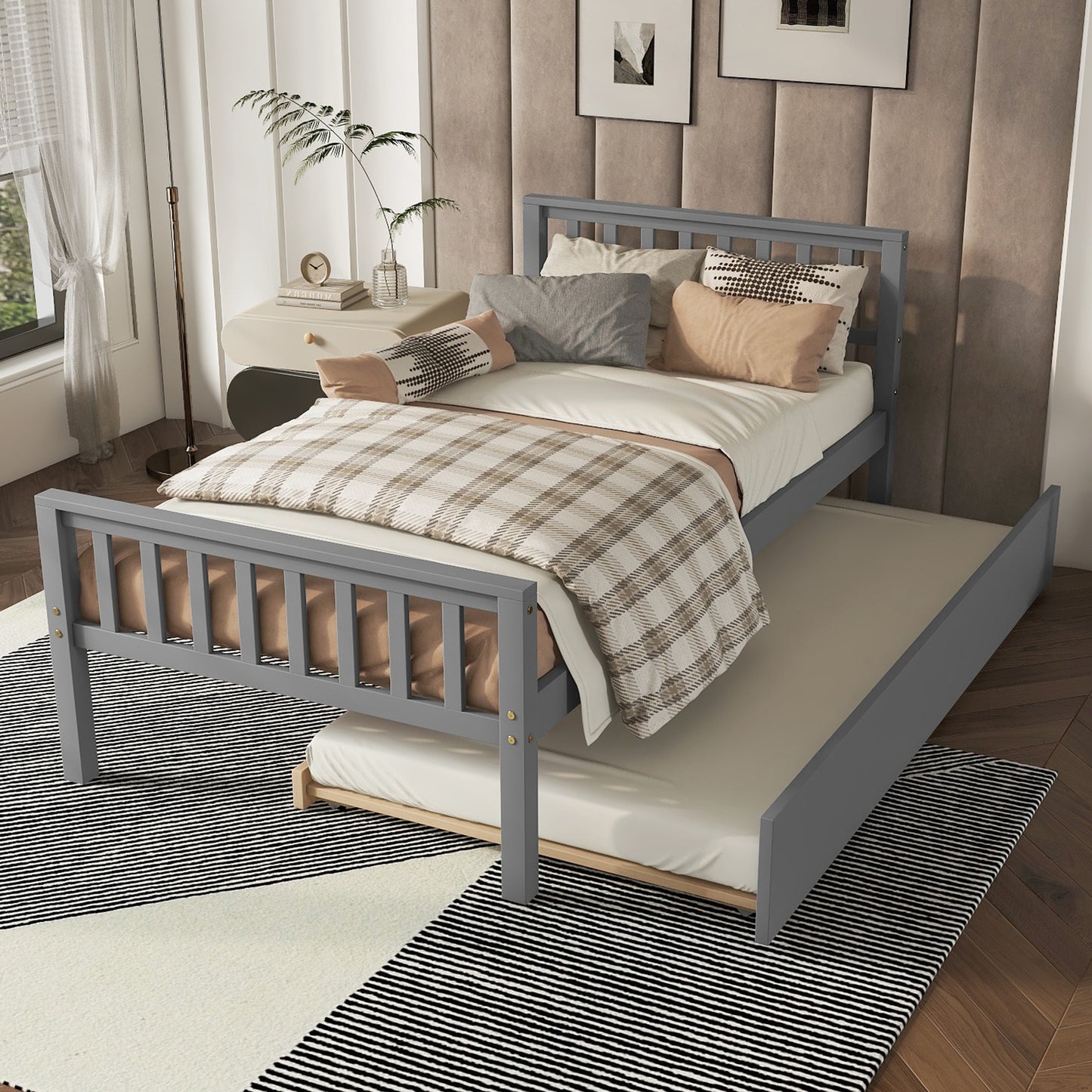 Twin Bed with Trundle, Platform Bed Frame with Headboard and Footboard, for Bedroom Small Living Space,No Box Spring Needed,Grey(Old SKU:W50422210)