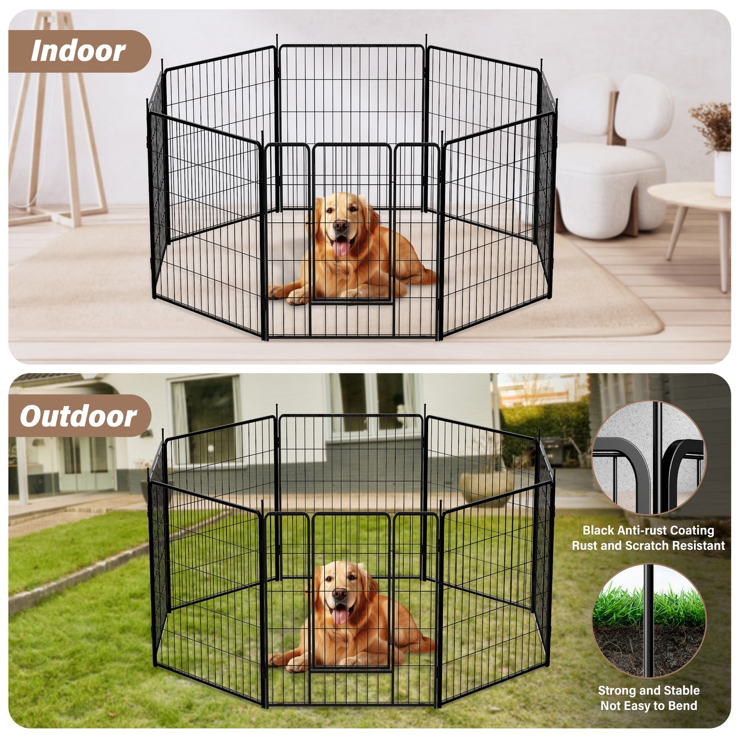 Dog Playpen Indoor Outdoor, 24" Height 8 Panels Fence with Anti-Rust Coating, Metal Heavy Portable Foldable Dog Pen for Large, Medium Small Dogs RV Yard Camping