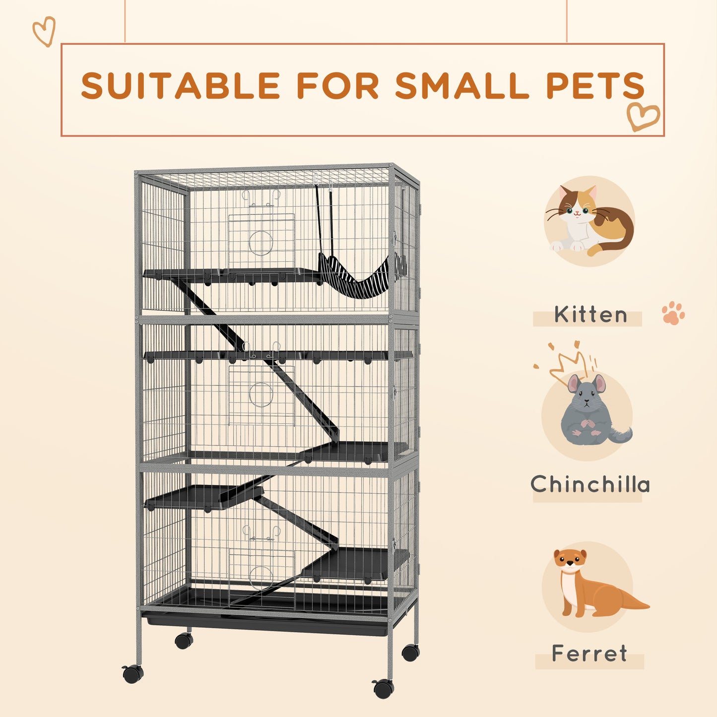 PawHut 63" 6-Tier Small Animal Cage, Ferret Cage, Large Chinchilla Cage with Hammock Accessory & Heavy-Duty Steel Wire, Small Animal Habitat with 6 Doors, Removable Tray, Gray