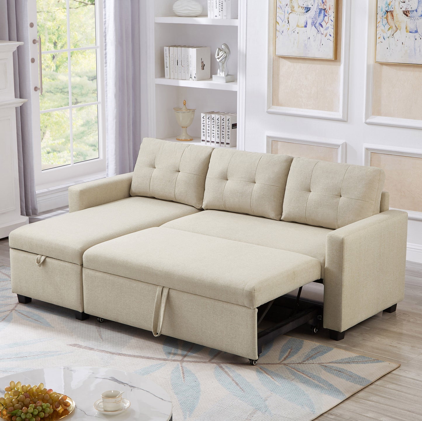 [SantaChoice] Upholstered Pull Out Sectional Sofa with Storage Chaise, Convertible Corner Couch, Beige