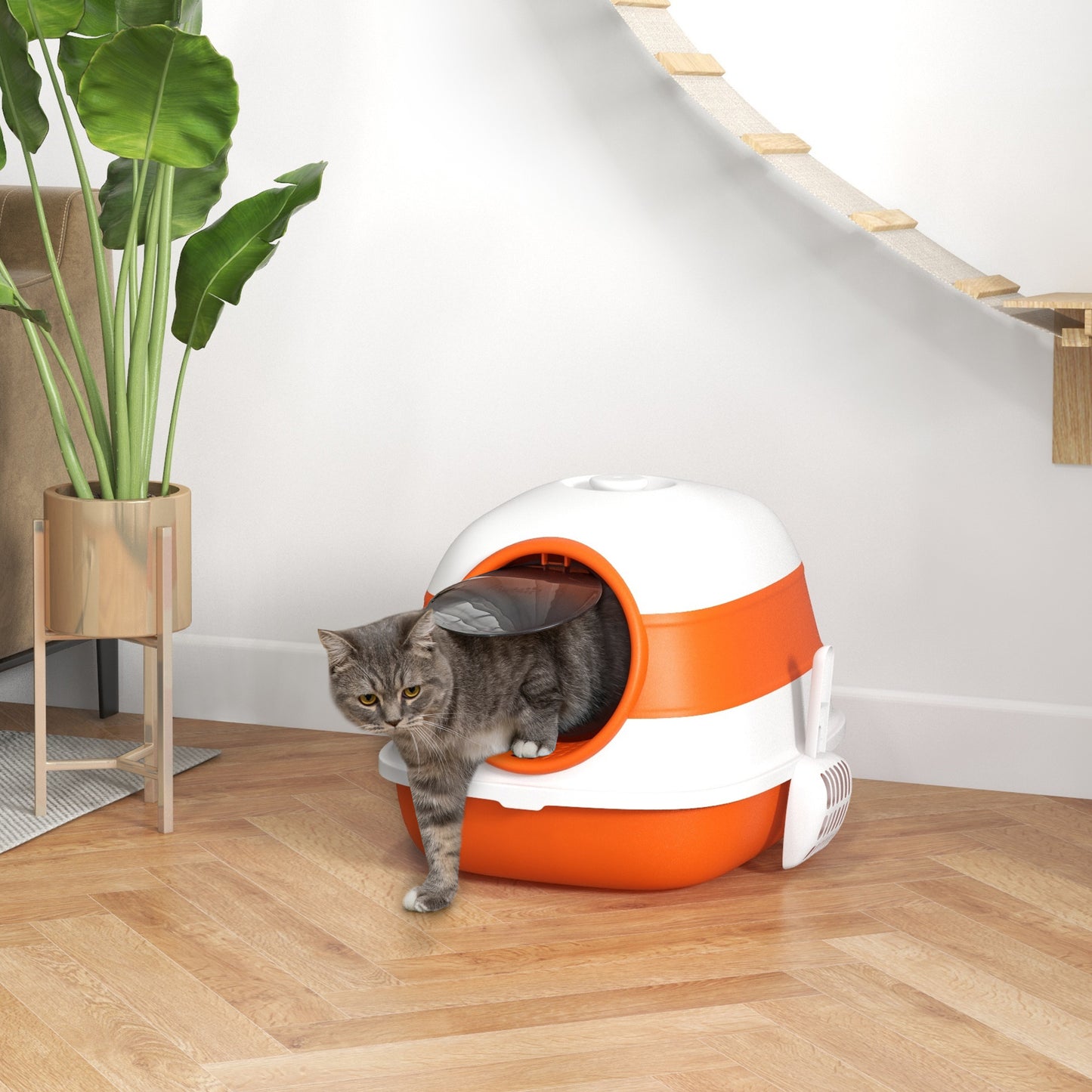 PawHut Cat Litter Box with Lid, Covered Litter Box w/ High Sides, Air Freshener, Large Two-Way Entrance Kitty Litter Box, Foldable, Easy Clean, Orange, and Black