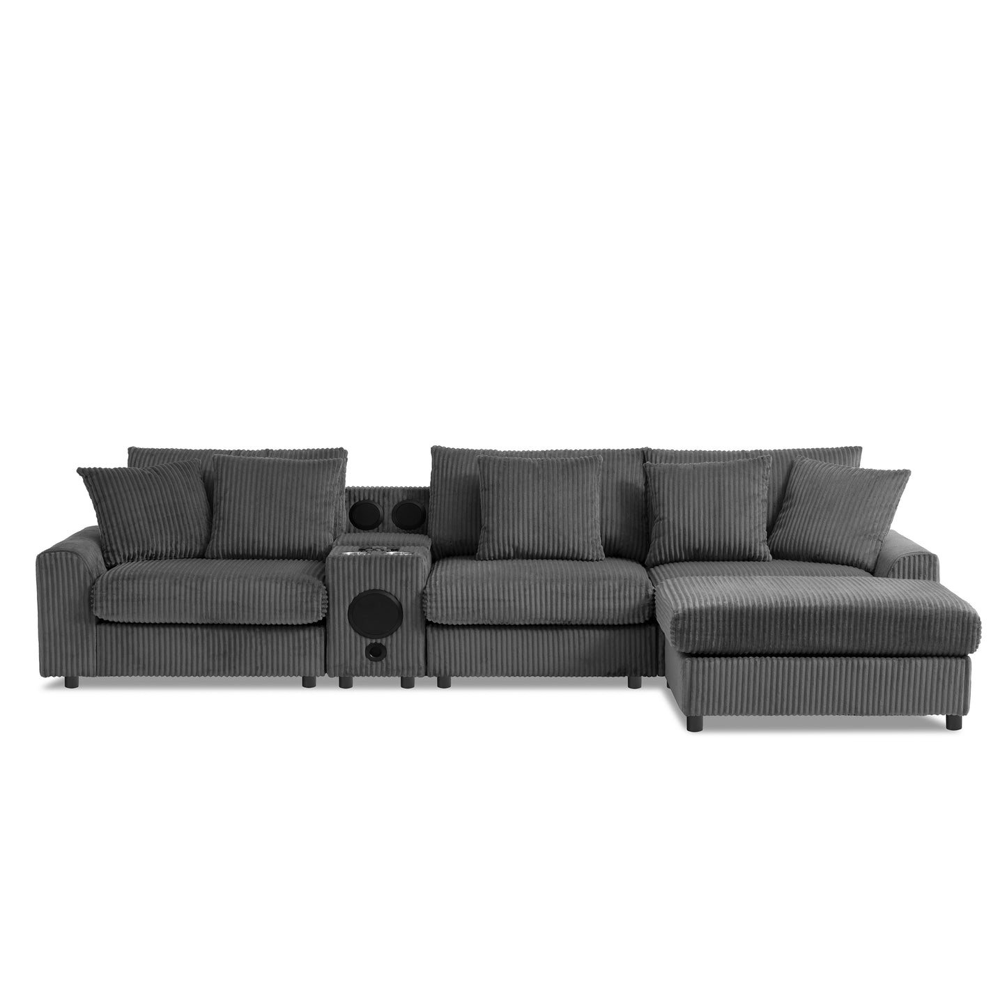 [SantaChoice] 114*64'' Corduroy Sectional Sofa with Bluetooth Speakers,L Shaped Couch with Console,USB Charger,Cup Holders,Storage,Ottoman,Deep and Wide Seat Cloud Sofa for Living Room,Apartment,2 Colors