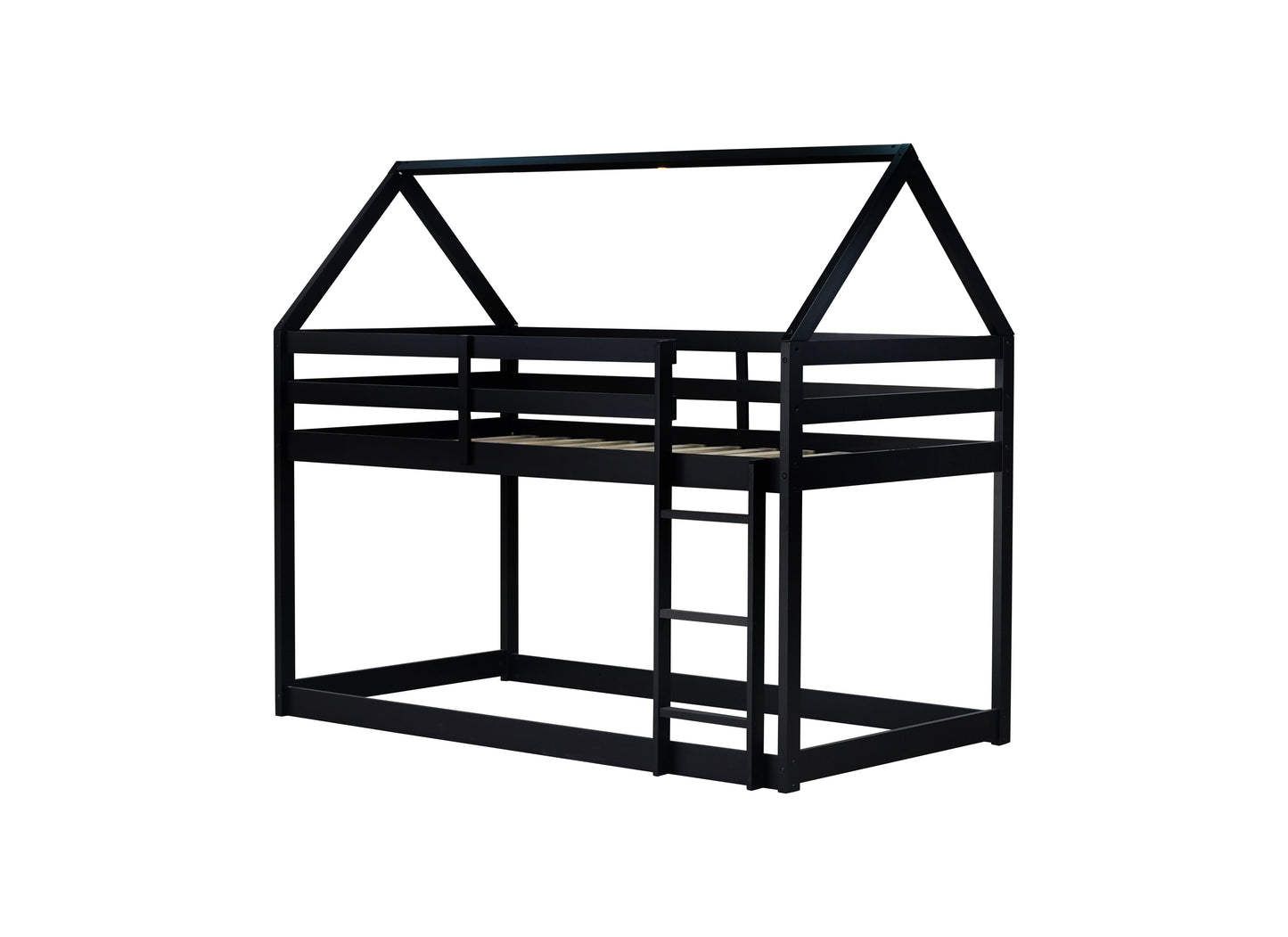 Twin over Twin Rubber Wood Floor Bunk Bed, with ladder,Guardrails,House-Shaped-Bunk Bed, Black