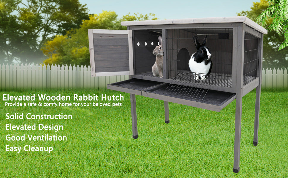 48"Wood Rabbit Hutch, Indoor Outdoor Bunny Cage with Roof and Removable Tray, Chicken Coop with Lockable Door, Guinea Pig Cage, Small Animal Houses & Habitats (Grey