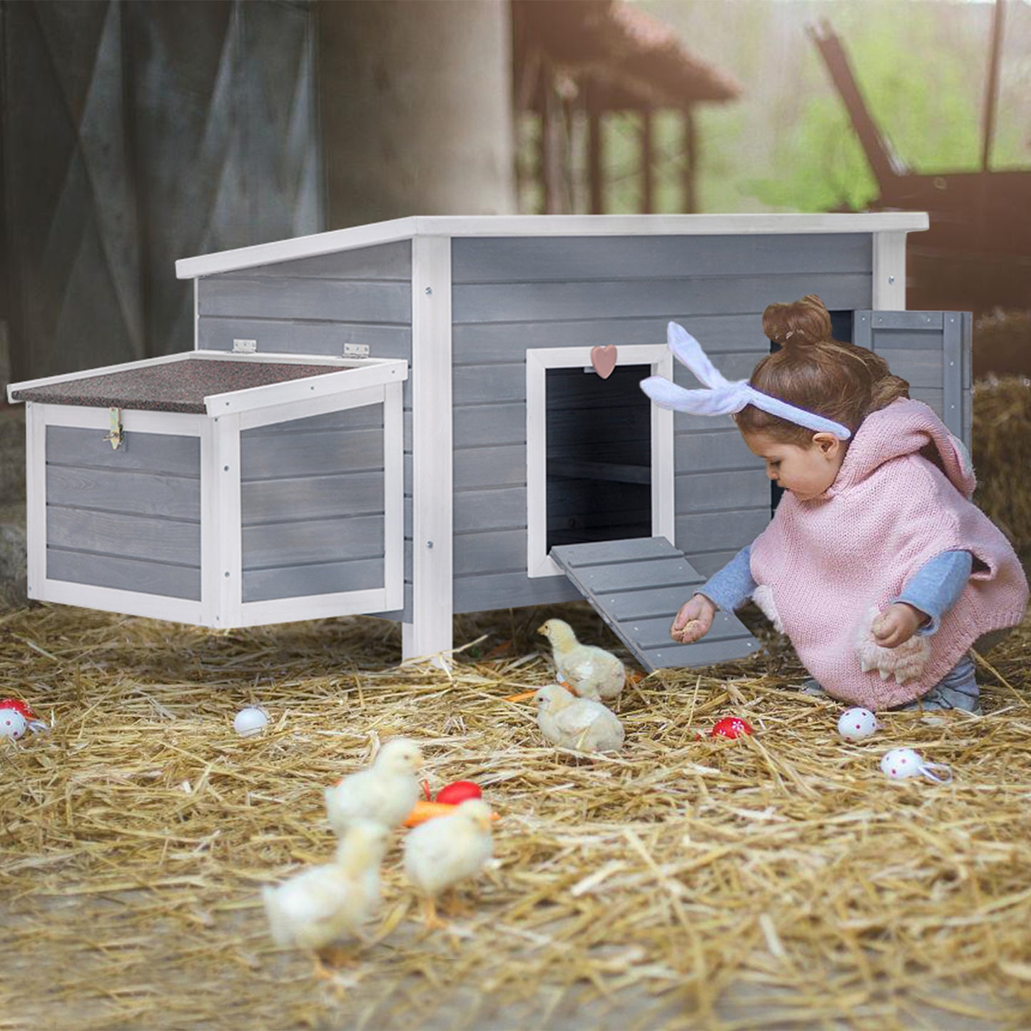 Large Wooden Chicken Coop with Perches and Nesting Box, Weatherproof Chicken/Rabbit/Duck House