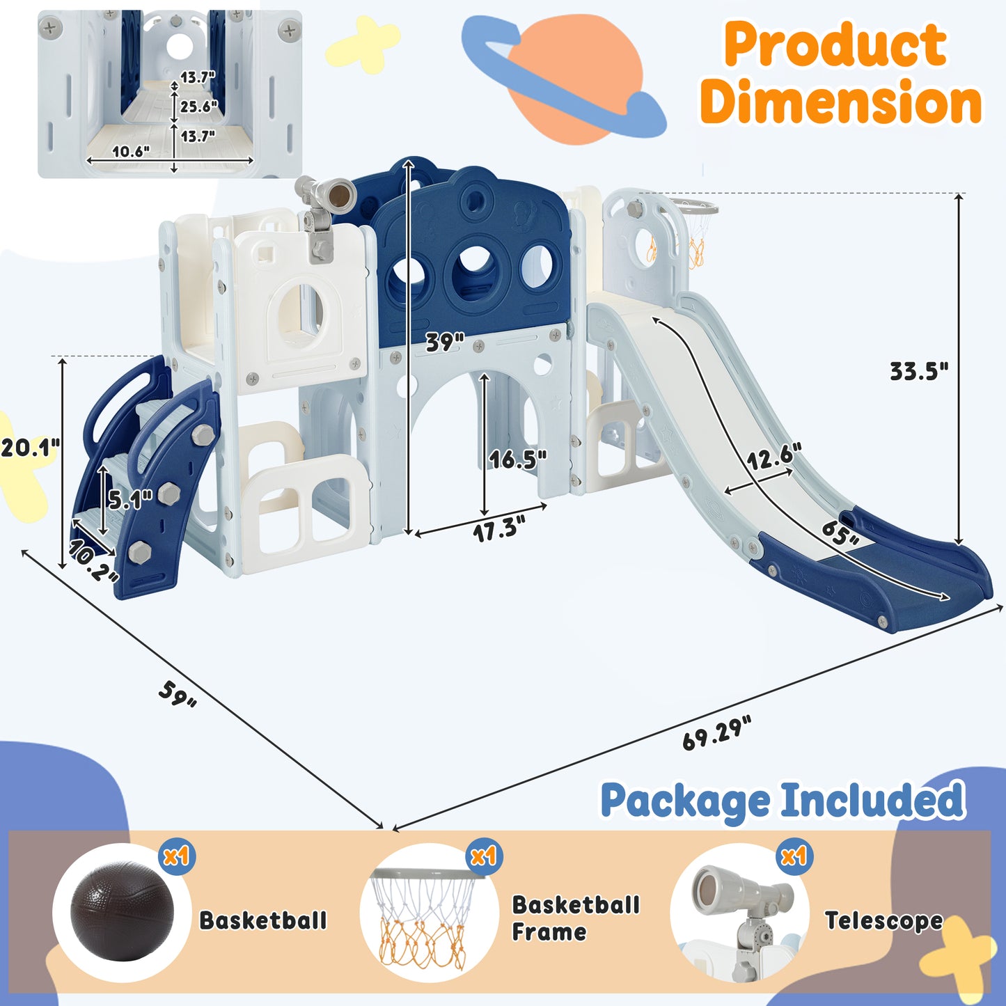 7 in 1 Toddler Slide Set, Freestanding  Spaceship Set with Slide, Kids Slide Playset Structure, Arch Tunnel and Basketball Hoop, Toy Storage Organizer for Toddlers, Kids Climbers Playground