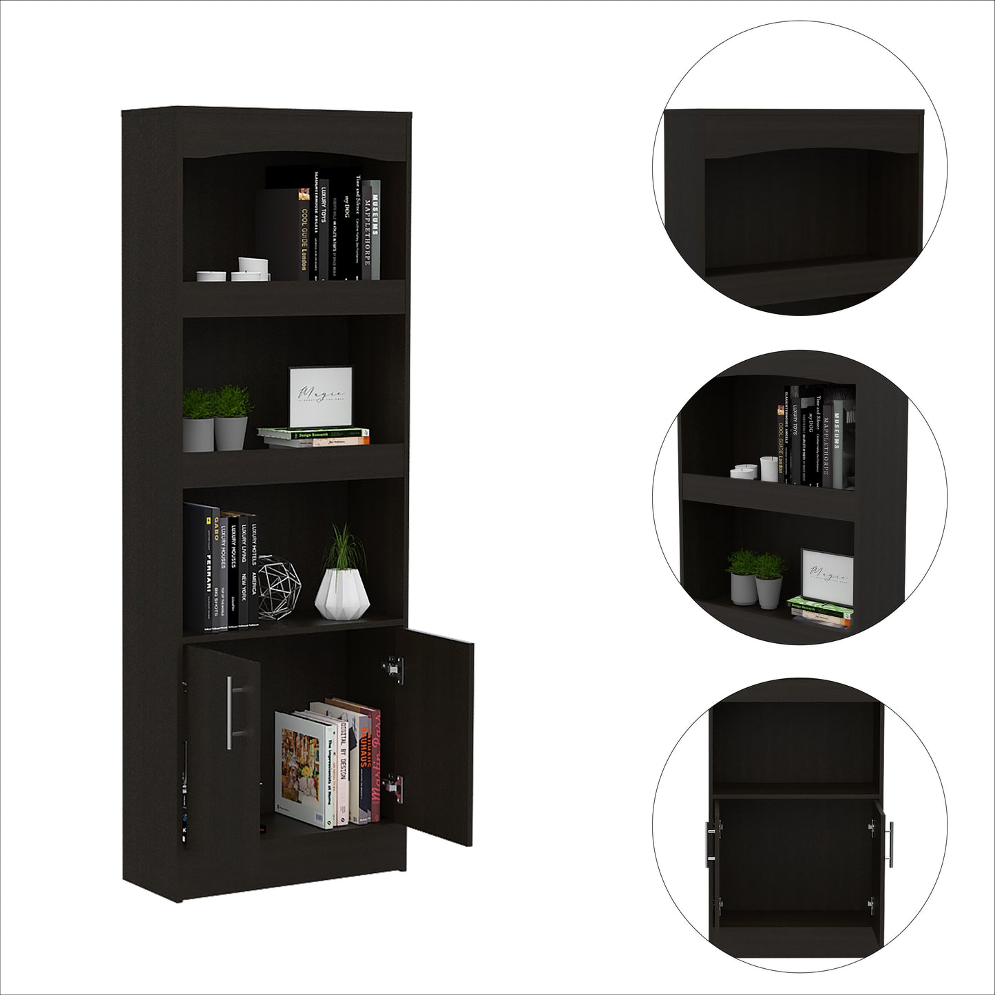 Simma Bookcase, Metal Hardware, Three Shelves, Double Door Cabinet -Black