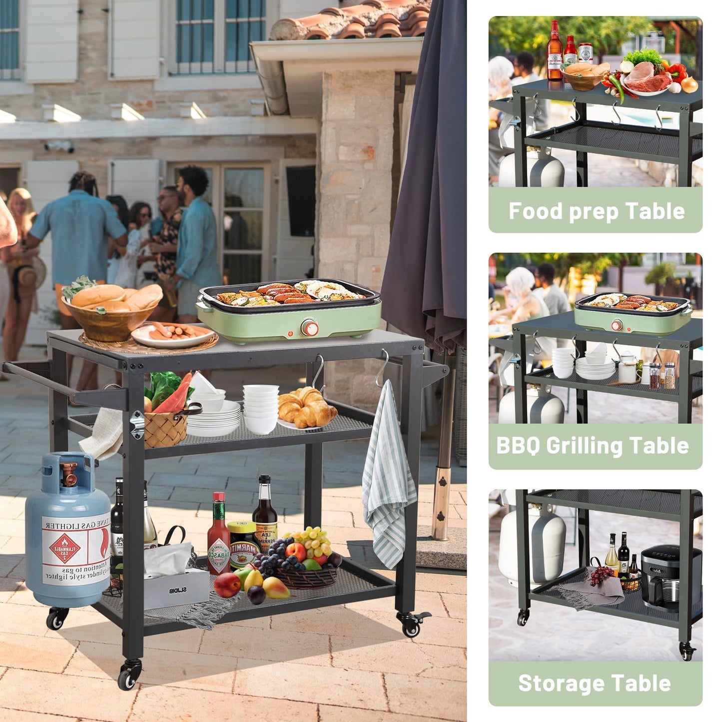 3-Shelf Outdoor Grill Table, Grill Cart Outdoor with Wheels, Pizza Oven Table and Food Prep Table, Blackstone Table with Propane Tank Hook, Grill Stand for Blackstone Griddle for Outside BBQ