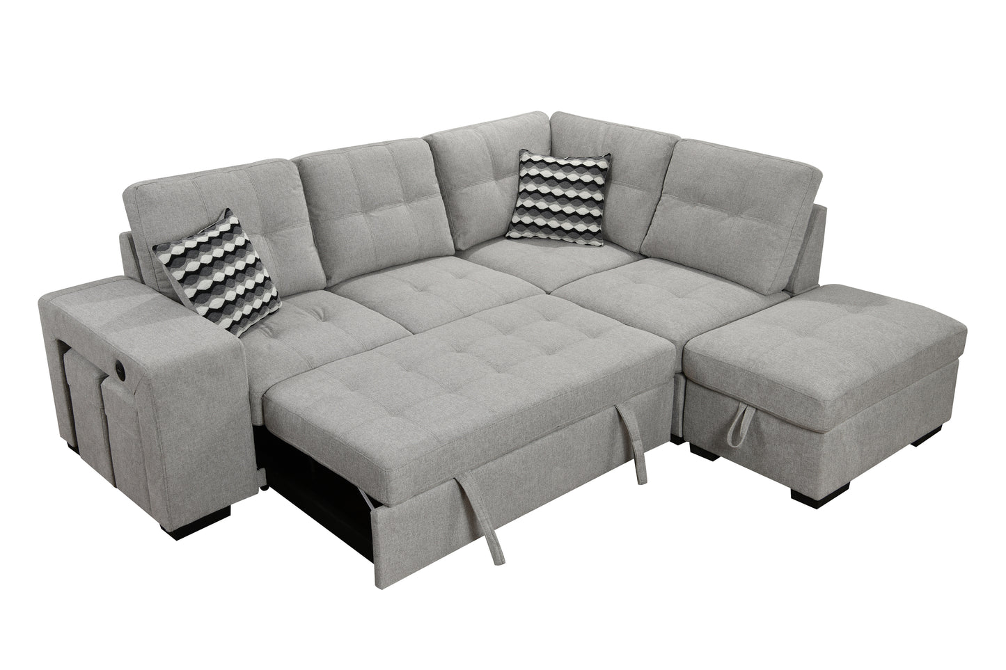 Sectional Pull Out Sofa Bed 101" Reversible L-Shaped Corner Sleeper Upholstered Couch with Storage Ottoman, 2 Pillows,USB Ports,2 Stools for Living Room Furniture Sets,Apartments, Light Gray