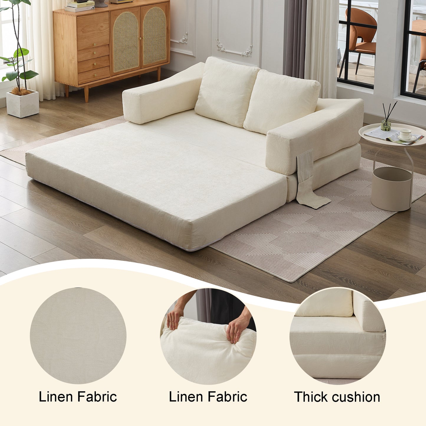 [SantaChoice] Modern Minimalist Sofa, Fold-Out Sofa Bed, Convertible Chair Floor Couch & Sleeping Mattress for Living room, Bedroom, Apartment, Removable Backrest, White