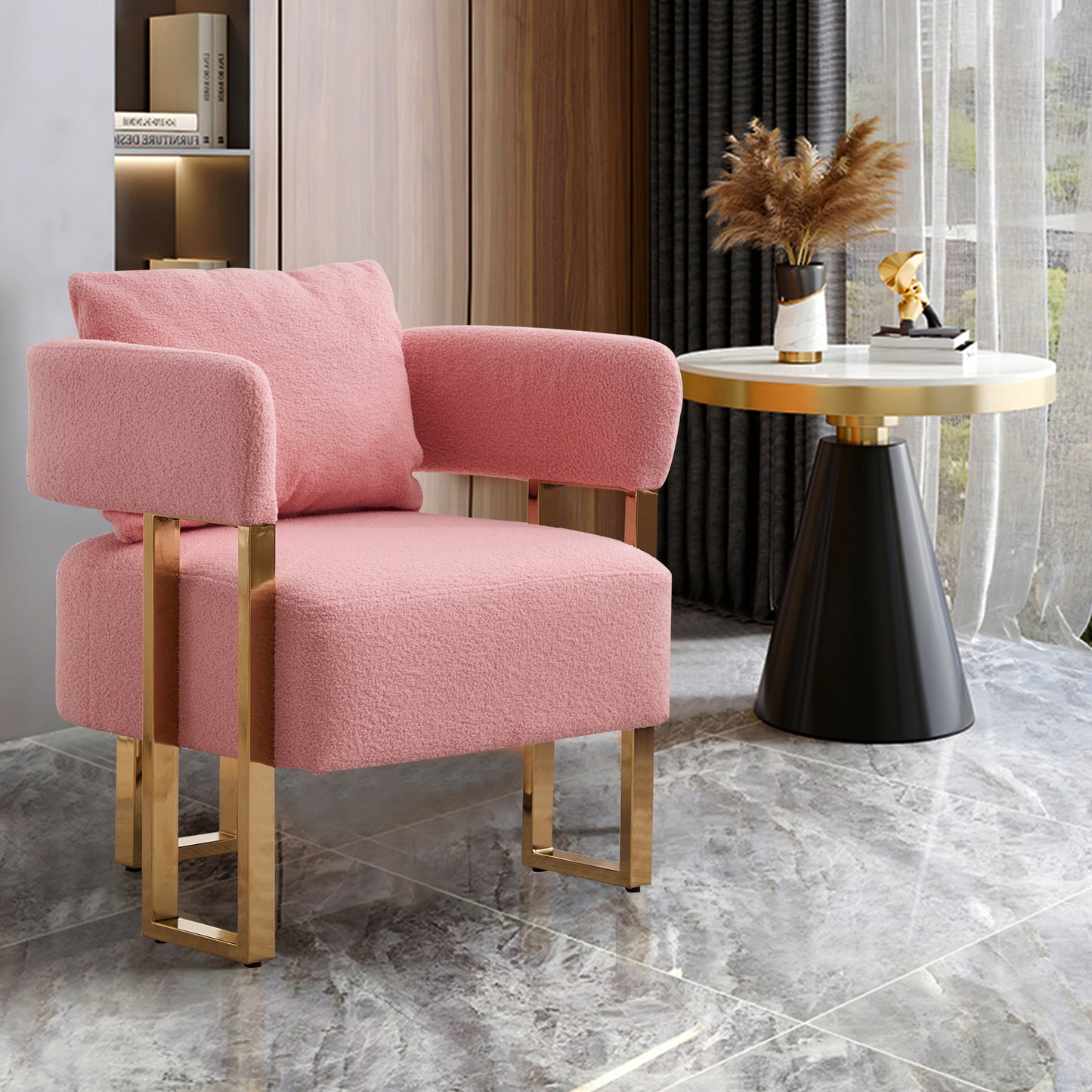 [SantaChoice] TS Modern decorative chair, living room side chair with gold metal legs, no wheels, suitable for dressing area, reception room, office,Teddy fleece upholstered metal foot sofa 1PC Pink