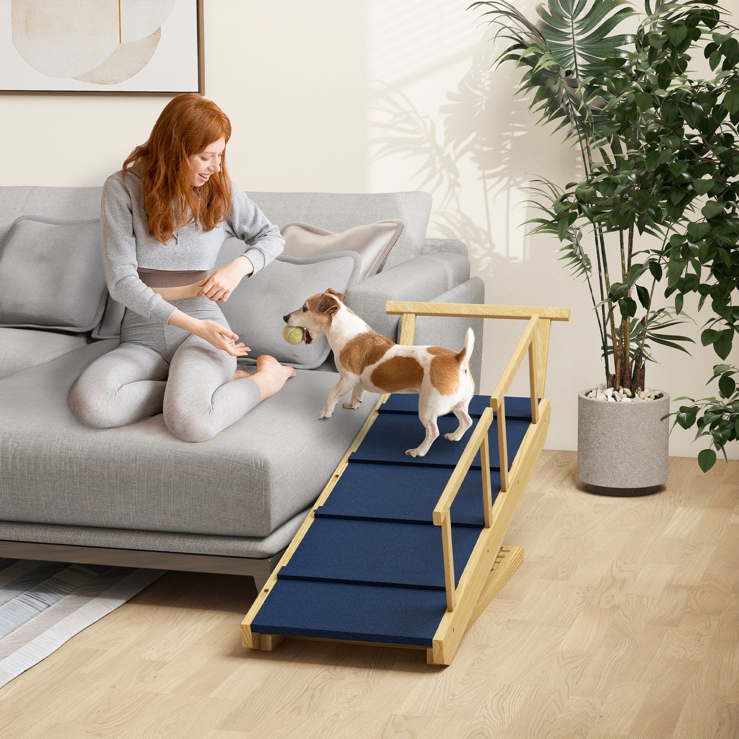 PawHut Dog Ramp, Adjustable 4 Height Pet Ramp, Foldable Wooden Dog Stairs with Non-slip Mat for Small to Large Dogs to Get on High Bed or Sofa Couch, Natural Wood Finish