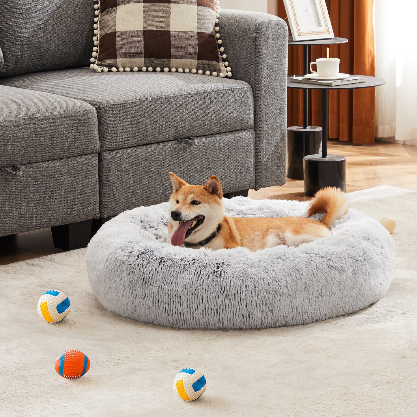 Anti-Slip Round Fluffy Plush Faux Fur Cat Bed, Small  gray