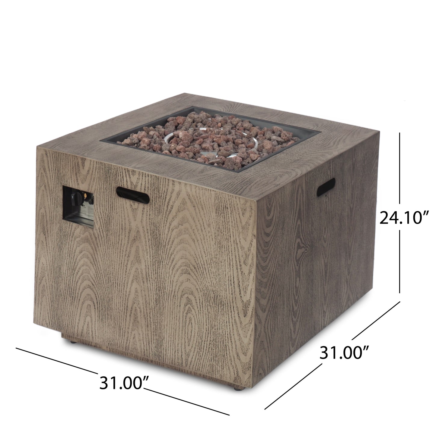 Outdoor Patio Gas Burning Fire Pit - 50, 000 BTU Tank Inside, Square, Iron Wood Pattern, Brown