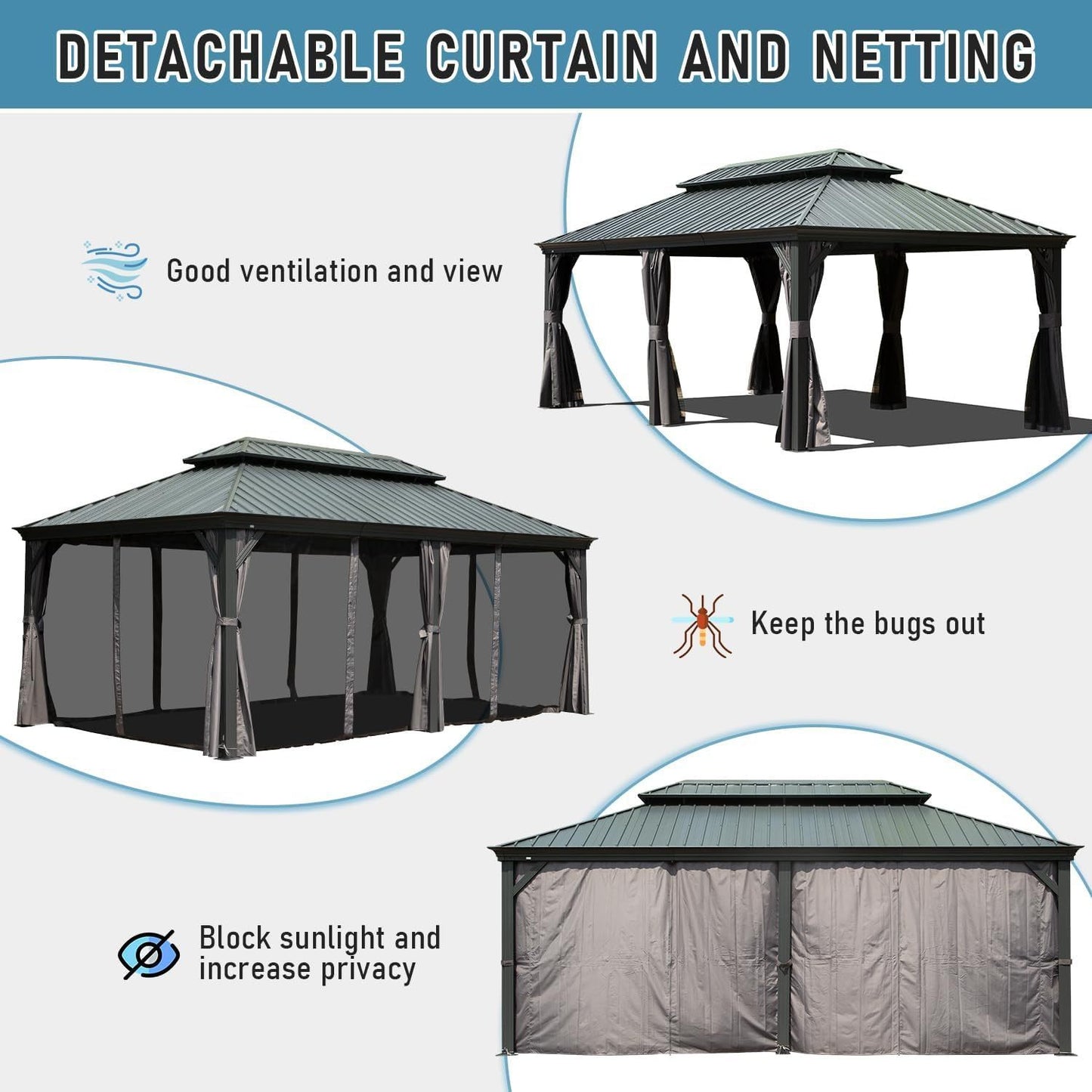 14x22FT Hardtop Gazebo, Outdoor Gazebo with Galvanized Steel Double Roof, Aluminum Frame, Built-in Gutter System, Curtain and Netting, Metal Gazebo Pavilion for Patio Deck Garden, Grey