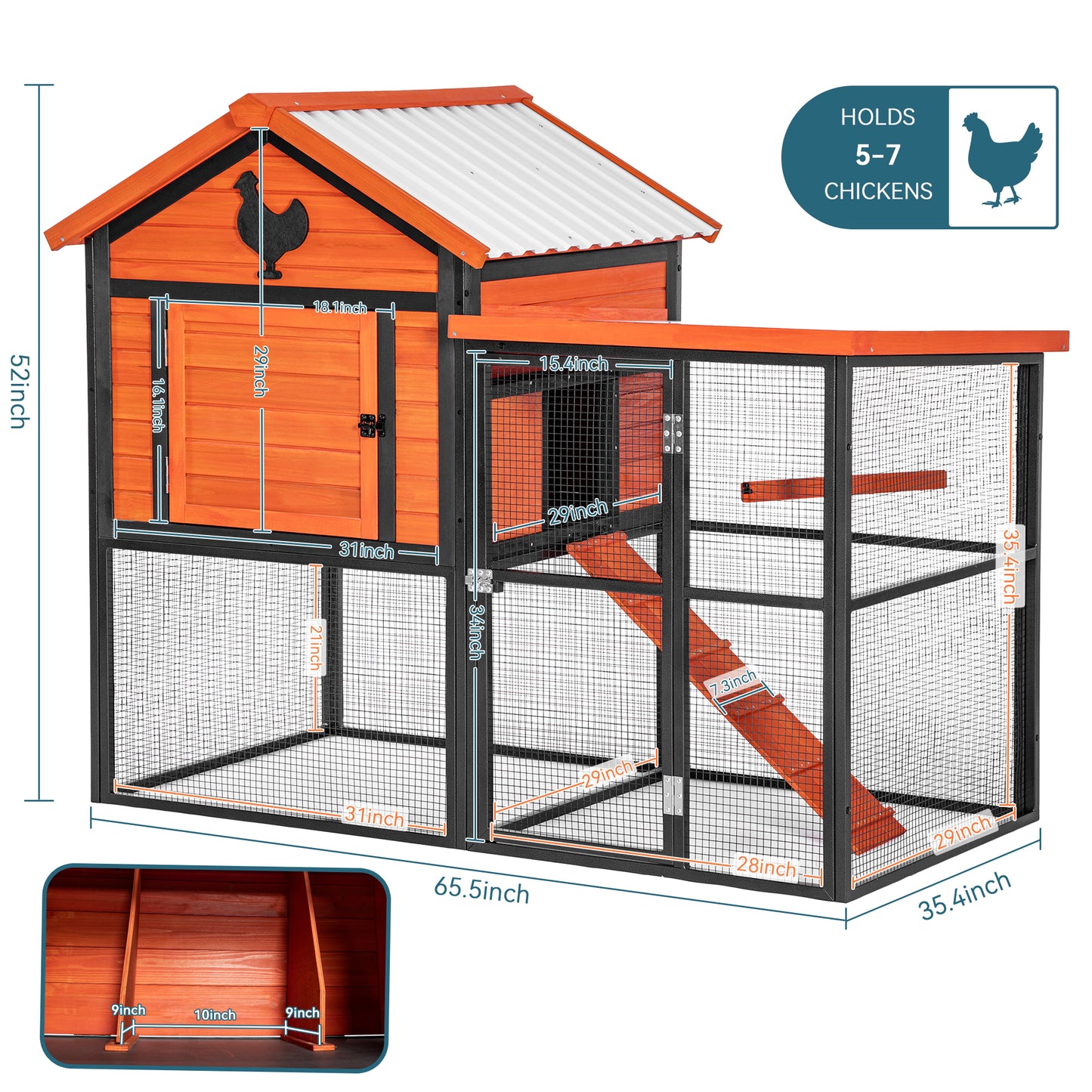 Durable Wood and Iron Chicken Coop with Runway and Waterproof Roof, Suitable for 5-7 Chickens, Built-in Nesting Box