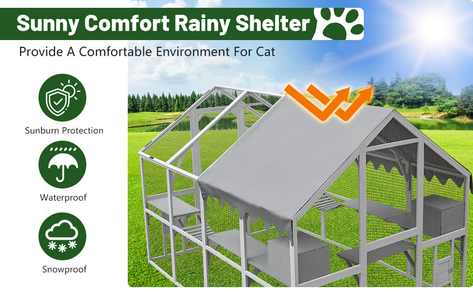 Outdoor Cat House Cat Enclosures 110" Large Kitten Playpen with Platforms,Upgrade Waterproof Cover-Grew&White