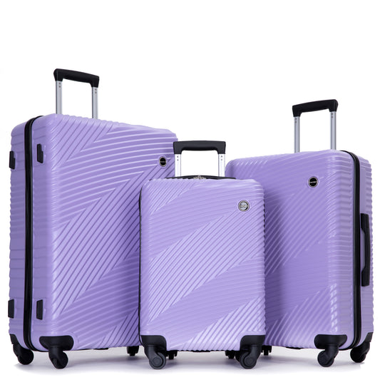 3 Piece Luggage Sets PC+ABS Lightweight Suitcase with Two Hooks, Spinner Wheels, (20/24/28) Light Purple