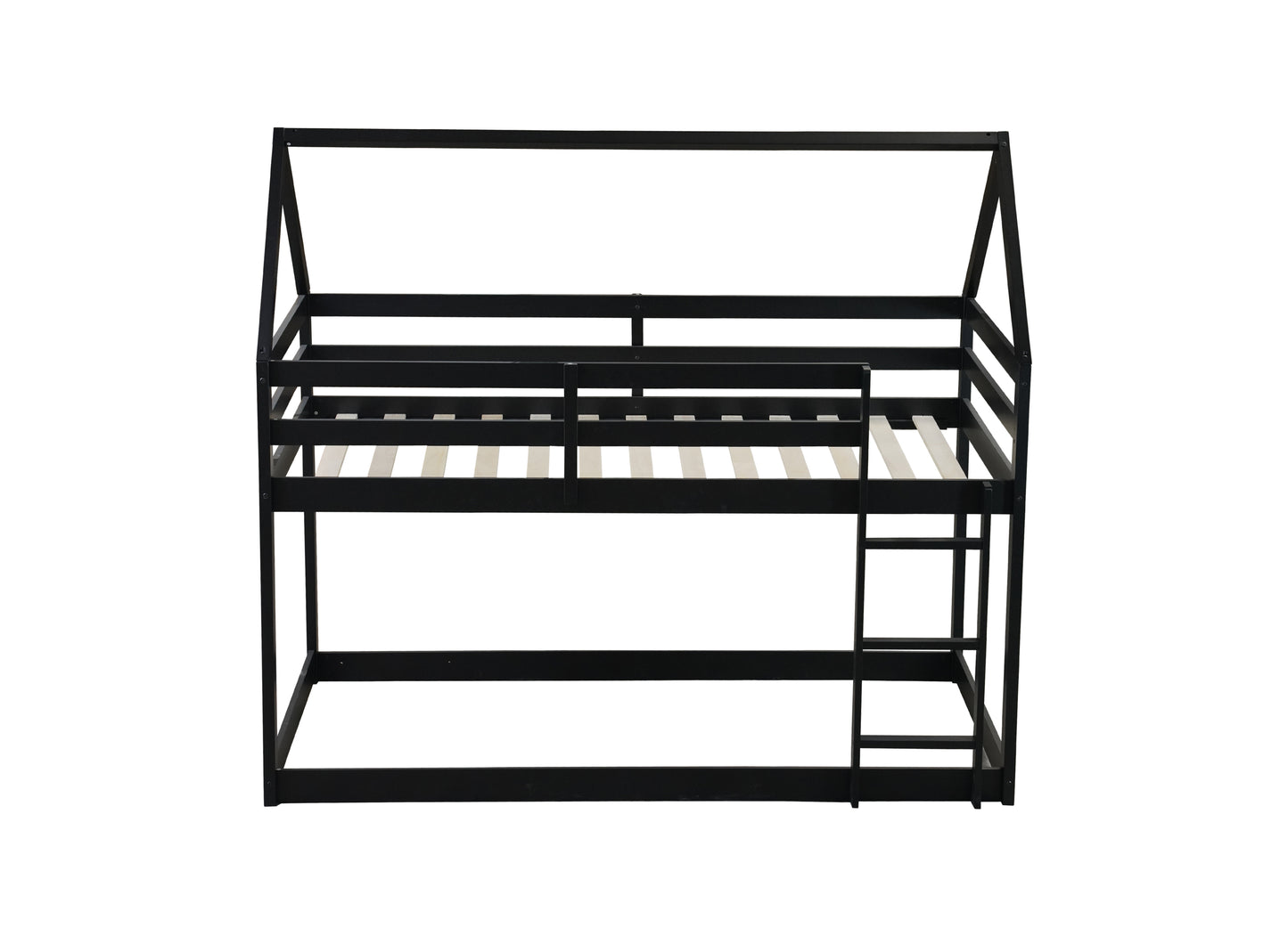 Twin over Twin Rubber Wood Floor Bunk Bed, with ladder,Guardrails,House-Shaped-Bunk Bed, Black