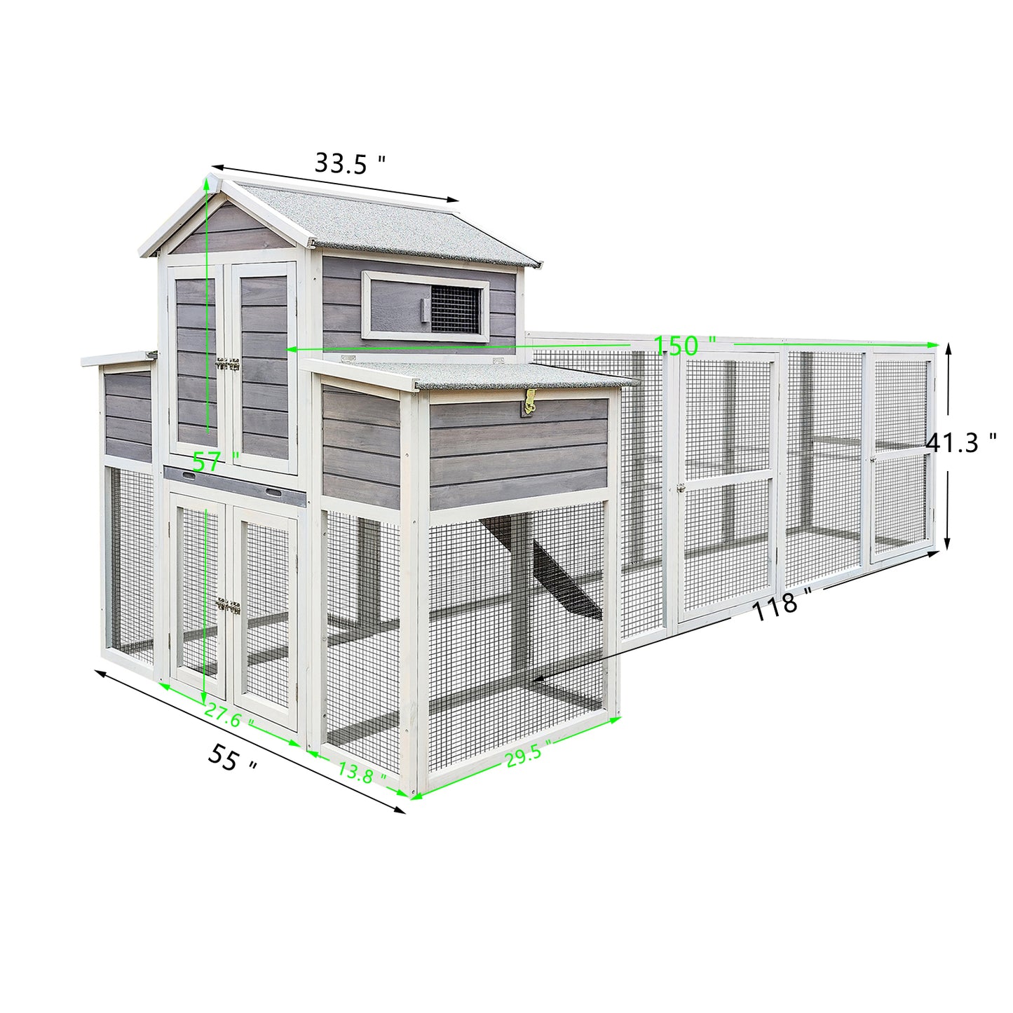 150＂Chicken Coop Extra Large Chicken House, Outdoor Wooden Hen House Black Rust-proof Metal Wire Poultry Cage with Two Nesting Boxes, 5 Perches