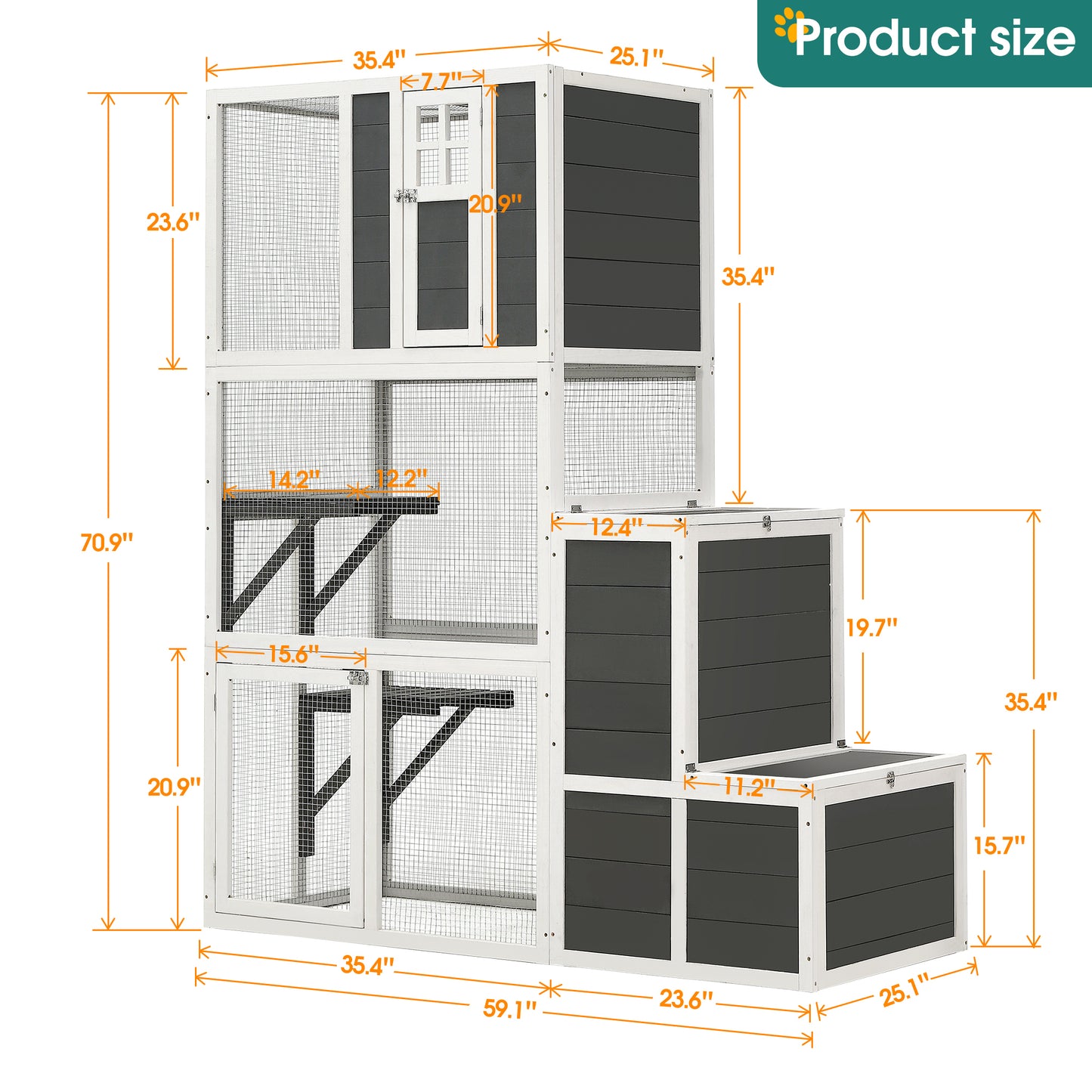 3-Tier Wooden Outdoor & Indoor Cat House Suitable for 1-3 Cats Cat Enclosure Resting Box with 4 Platforms and 2 doors Cat Shelter Kitty House with a Jump Box for Hiding and Resting Cat Cage 71"H-Gray