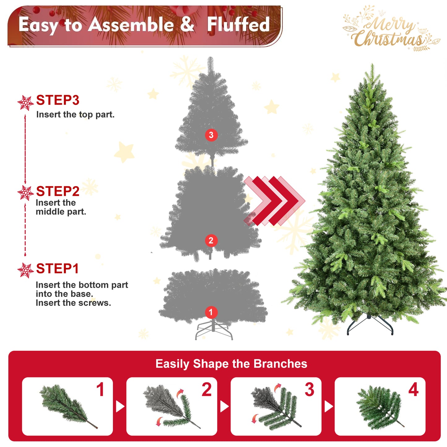 9FT Artificial Christmas Tree with 3509 PE&PVC Mixed Branch Tips, Unlit Hinged Premium Spruce Fake Xmas Trees, Hinged Branch & Foldable Base, Green