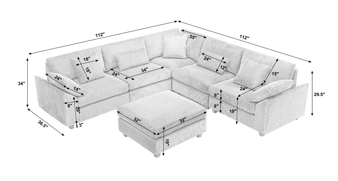 Oversized Modular Sectional Sofa Couches Set,Corduroy Upholstered Deep Seat Comfy Sofa for Living Room,Dark Gray