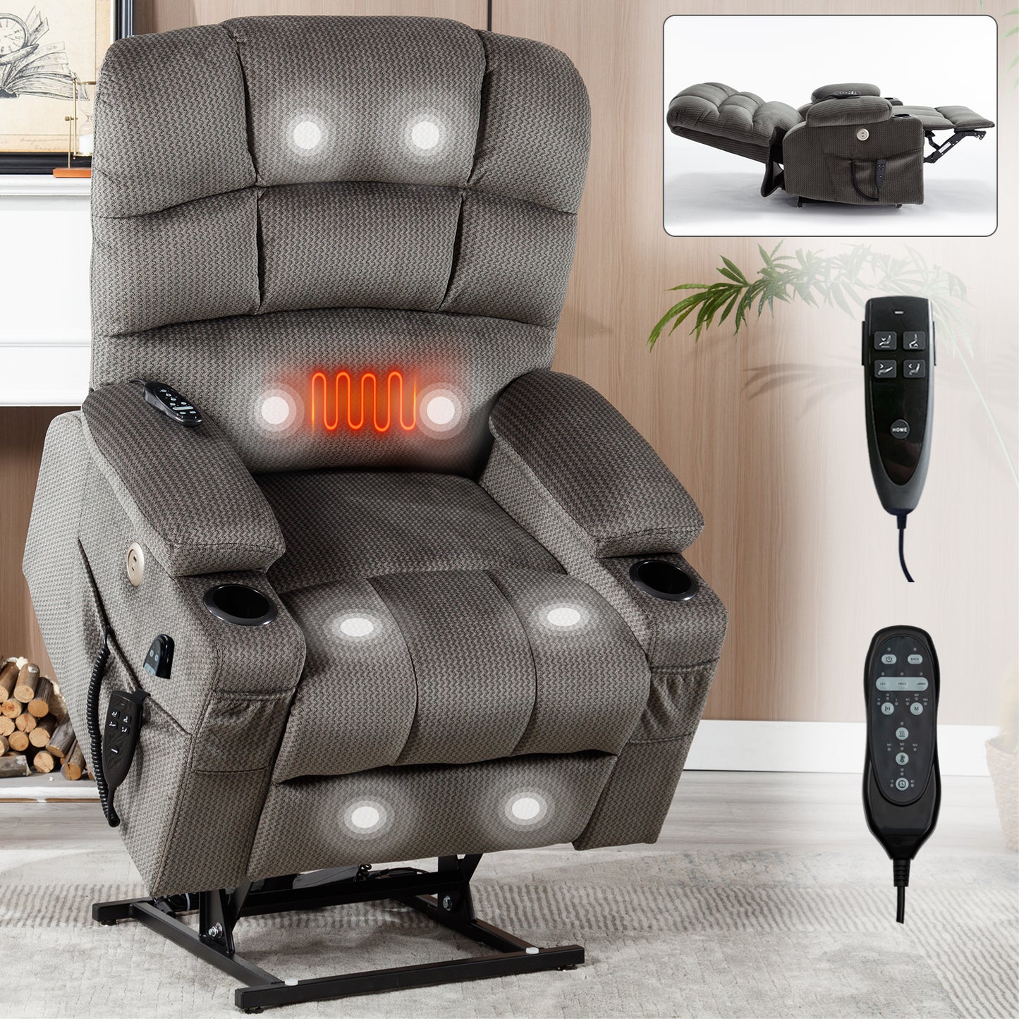 Grey Dual Motor Infinite Position Up to 350 LBS Chenille Power Lift Recliner Chair, Heavy Duty Motion Mechanism with 8-Point Vibration Massage and Lumbar Heating, Dual Cup Holders