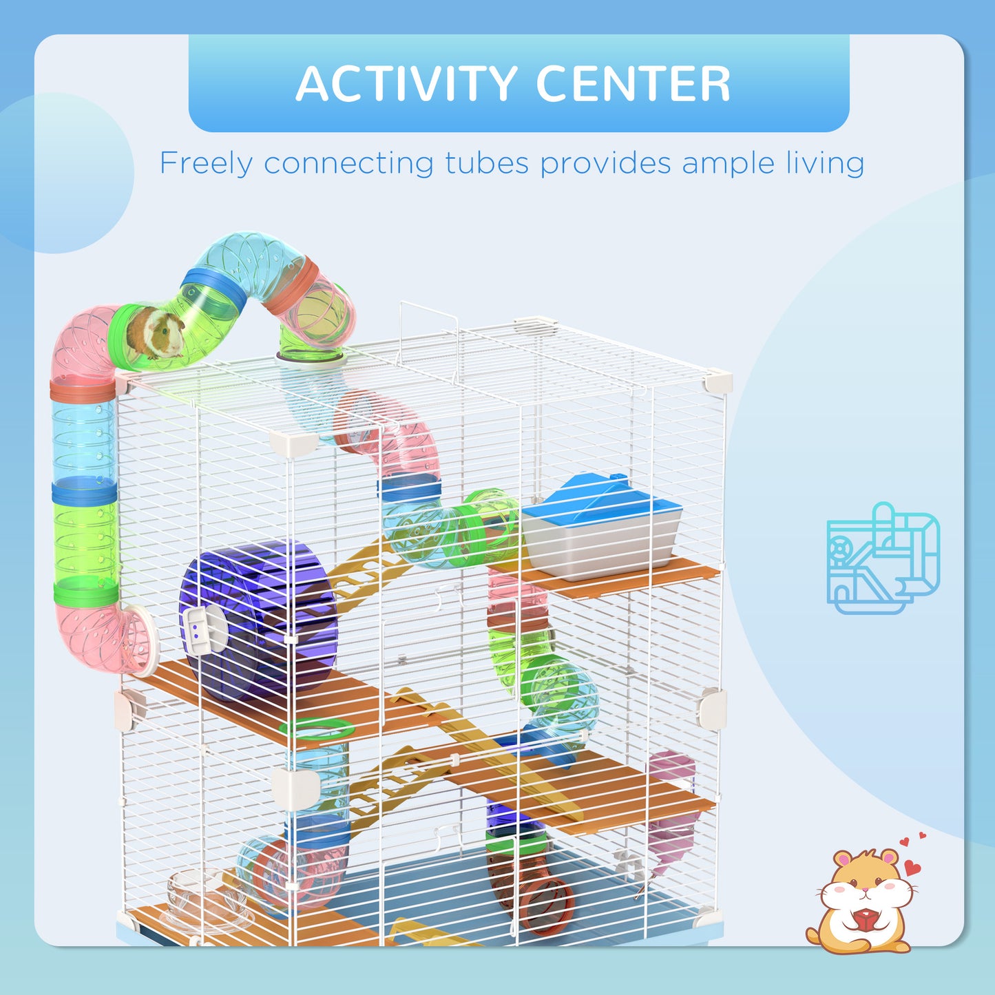 PawHut 18" 5 Tier Hamster Cage with Tubes and Tunnels, Small Animal Cage with Portable Carry Handle, Gerbil Cage with Water Bottle, Food Dish, Exercise Wheel, Light Blue