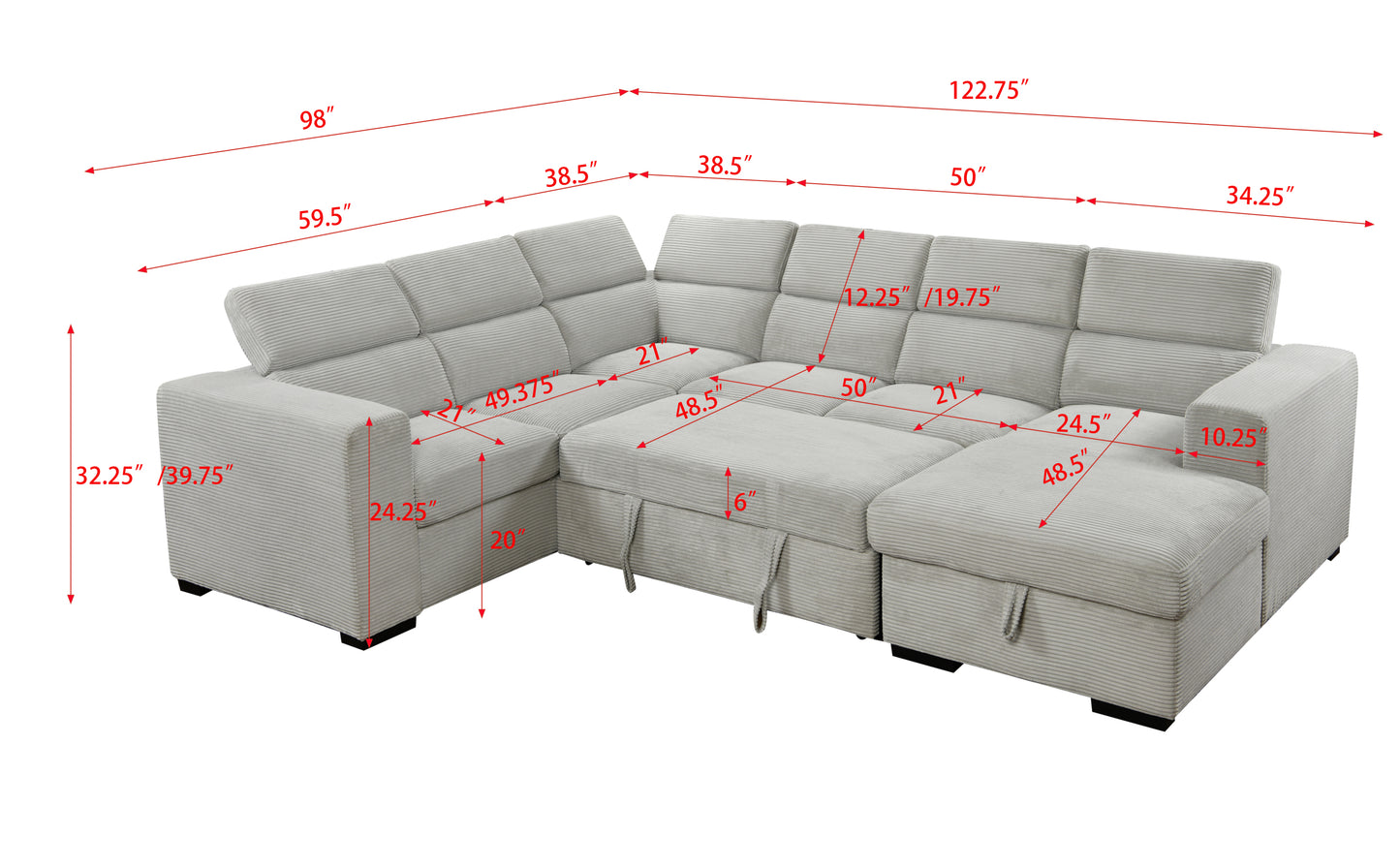 123" Oversized Modern U-Shaped 7-seat Sectional Sofa Couch with Adjustable Headrest, Sofa Bed with Storage Chaise,Pull Out Couch Bed for Living Room ,Light Gray