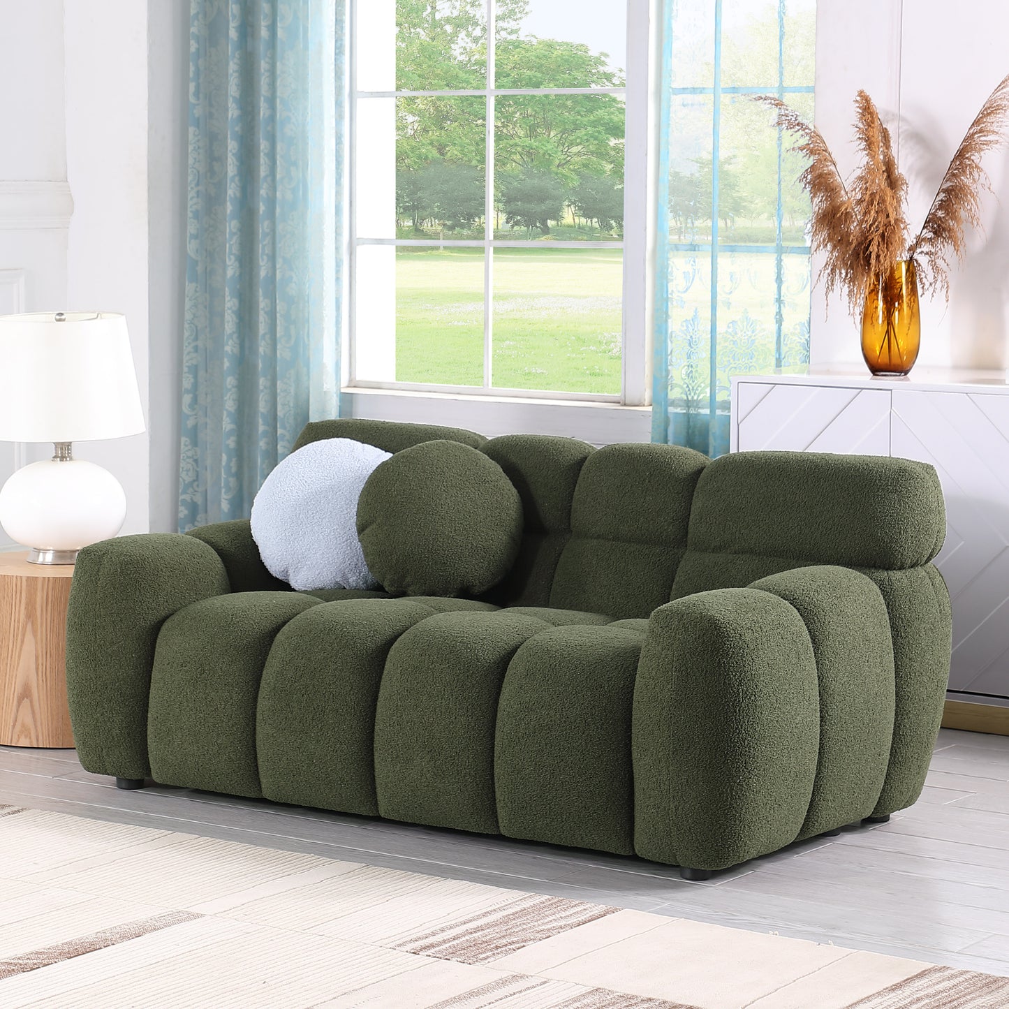 64.96 length ,35.83" deepth ,human body structure for USA people,  marshmallow sofa,boucle sofa ,2  seater, olive green  BOUCLE