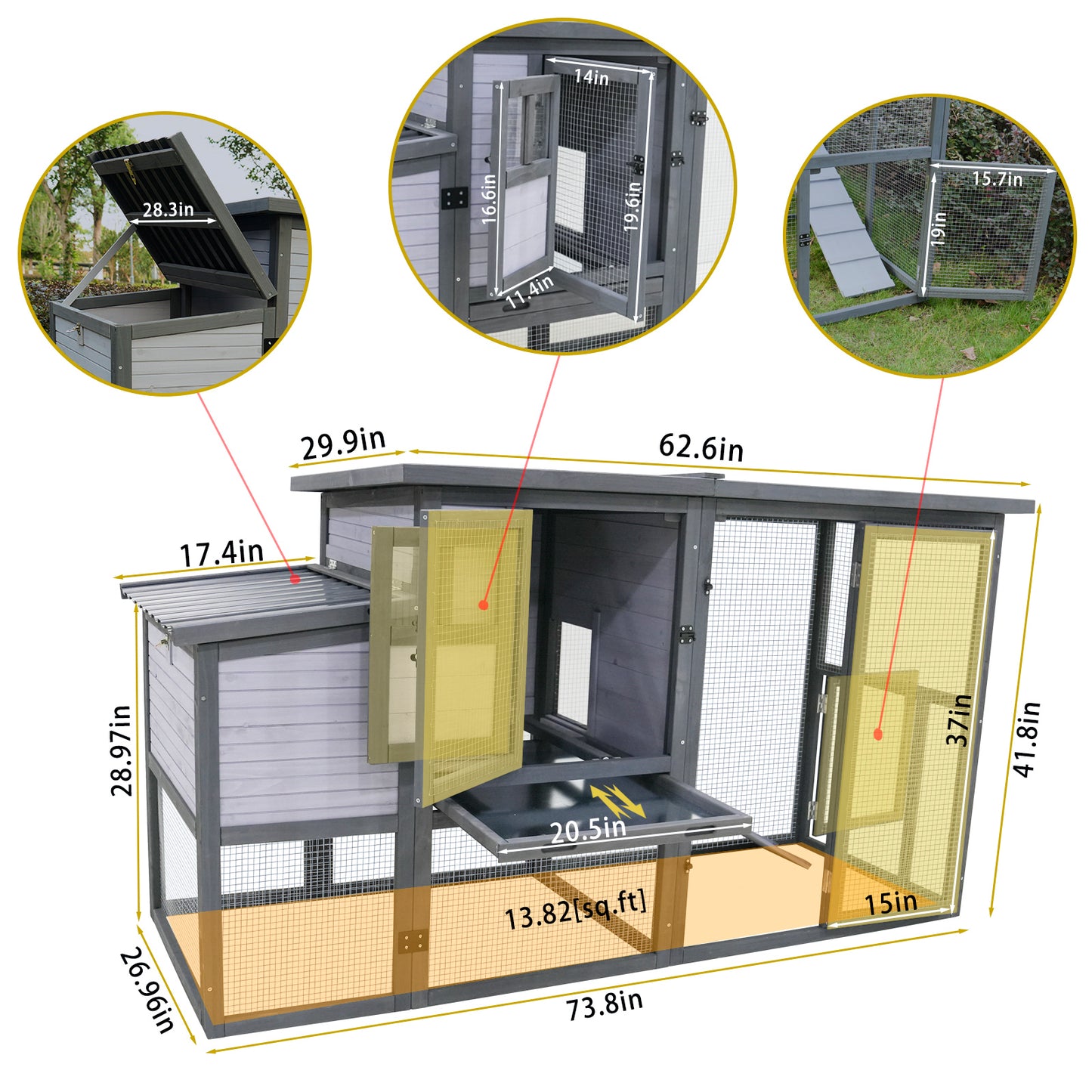 79"Large Chicken Coop with Upgraded Perches, Wooden Outdoor Chicken Cage with Large Nesting Box, Weatherproof Open Asphalt Roof &Removable Bottom, Duck House, Rabbit Hutch