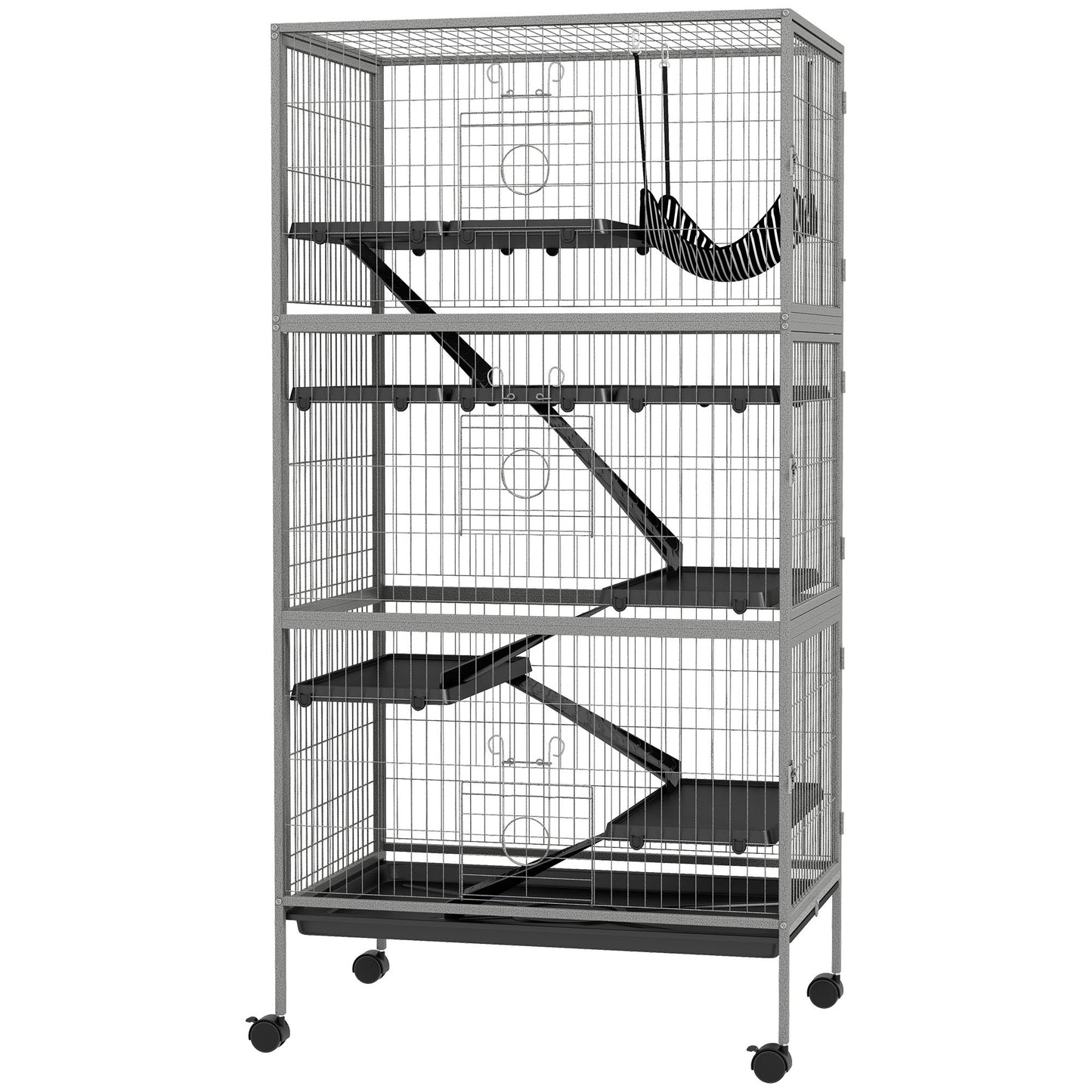 PawHut 63" 6-Tier Small Animal Cage, Ferret Cage, Large Chinchilla Cage with Hammock Accessory & Heavy-Duty Steel Wire, Small Animal Habitat with 6 Doors, Removable Tray, Gray