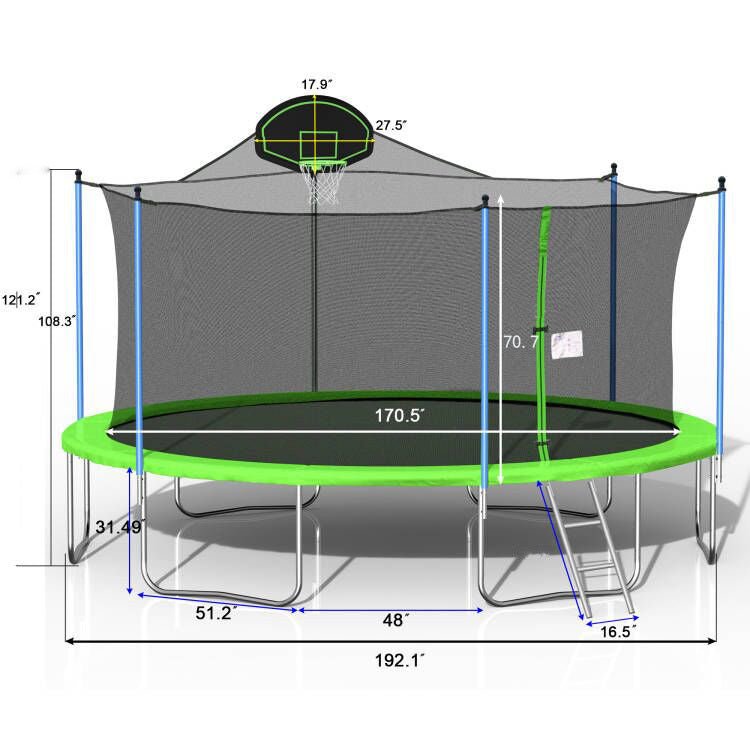 16FT Trampoline for Adults & Kids with Basketball Hoop, Outdoor Trampolines w/Ladder and Safety Enclosure Net for Kids and Adults