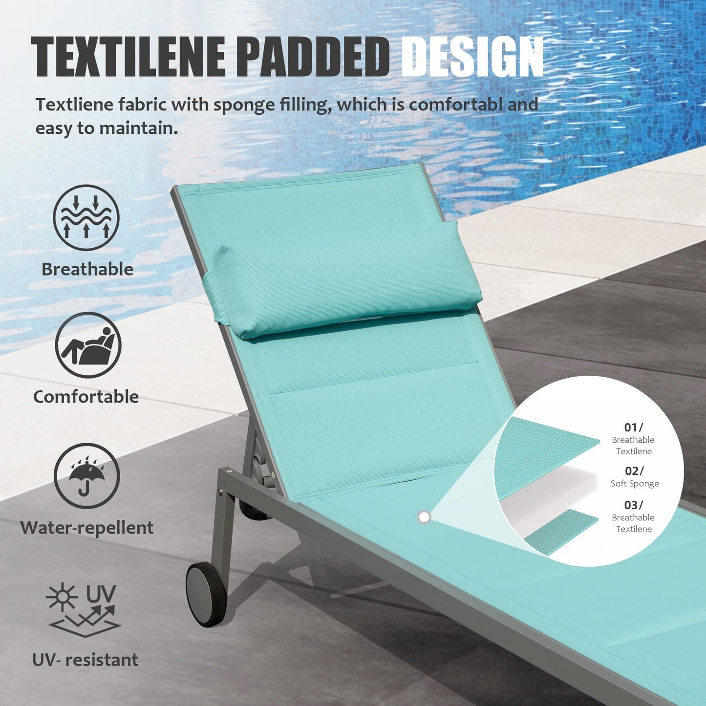 [SantaChoice] Outdoor Patio Chaise Lounge Set of 3, Aluminum Pool Lounge Chairs with and Wheels, Textilene Padded Adjustable Recliner All Weather for Poolside, Beach, Yard, Balcony (Lake Blue)