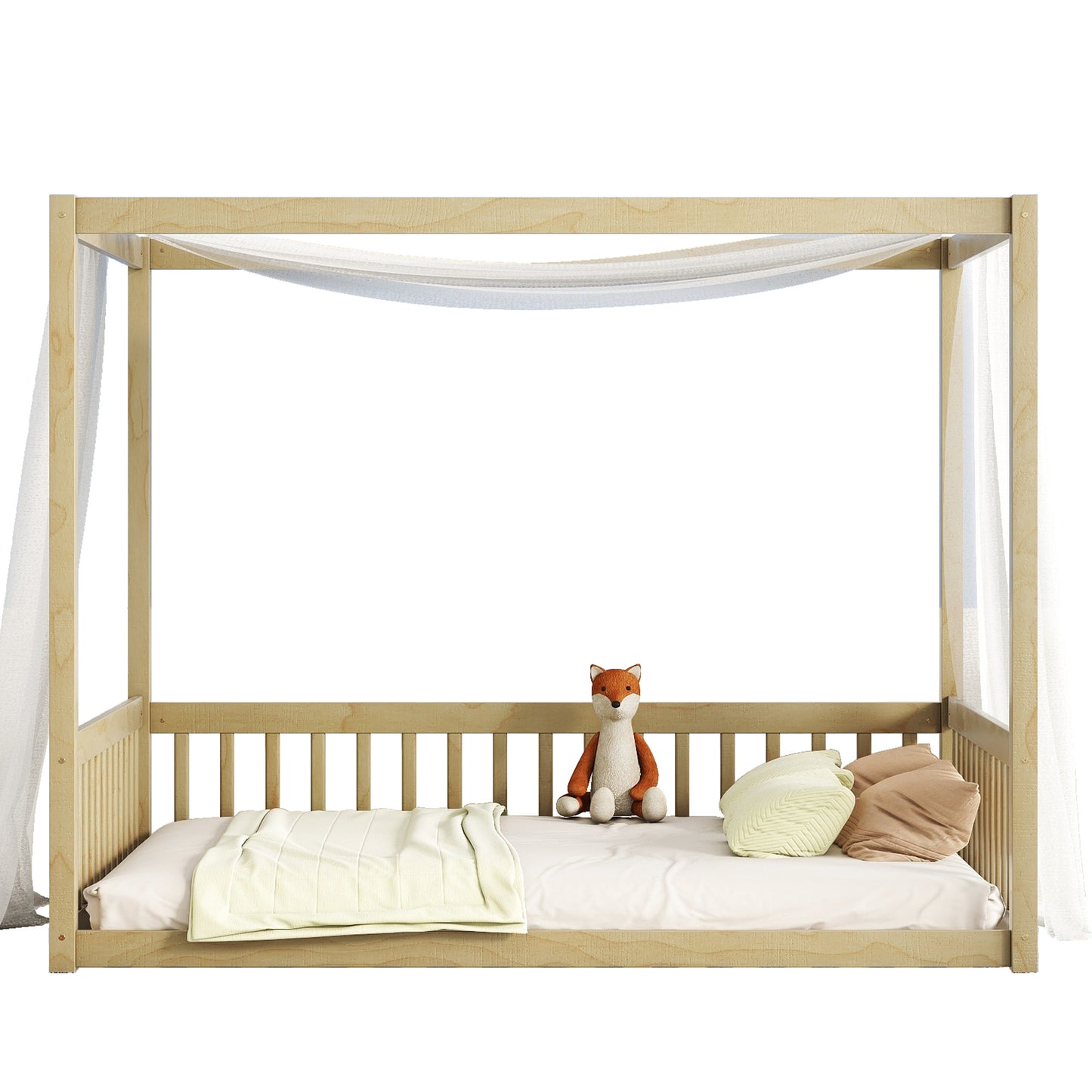 Full Size Canopy Frame Floor Bed with Fence, Guardrails,Natural