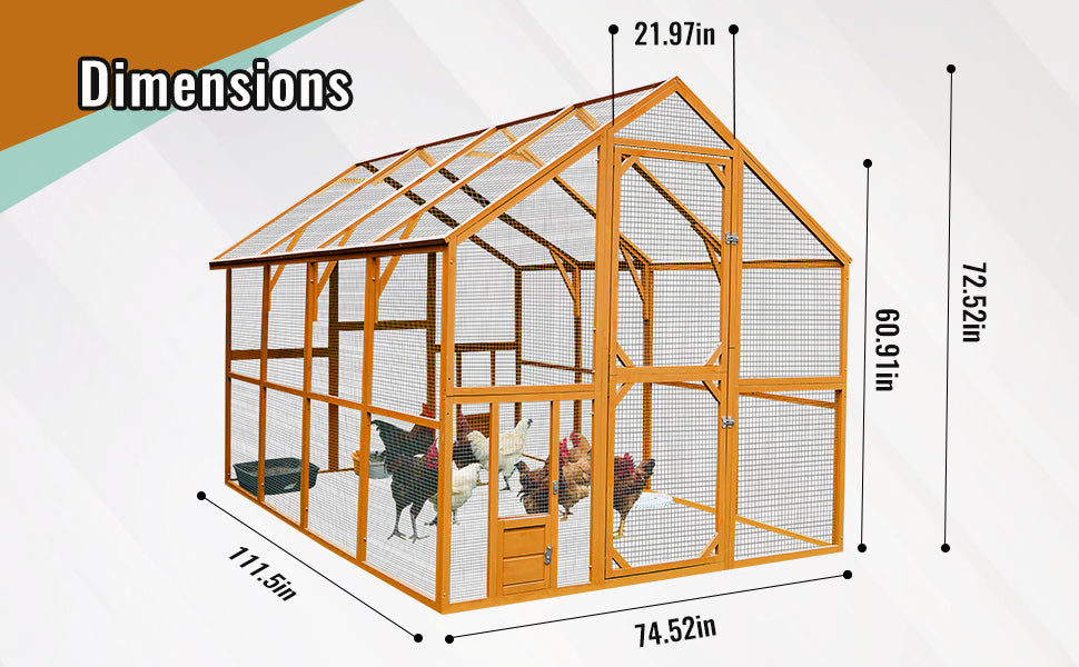 Wooden Chicken Coop 111''×74''×72'' Large Kitten Playpen, Chicken Run with Waterproof Cover and Two Small Doors, Pet Playpen Exercise Pen for Rabbit Duck Cat