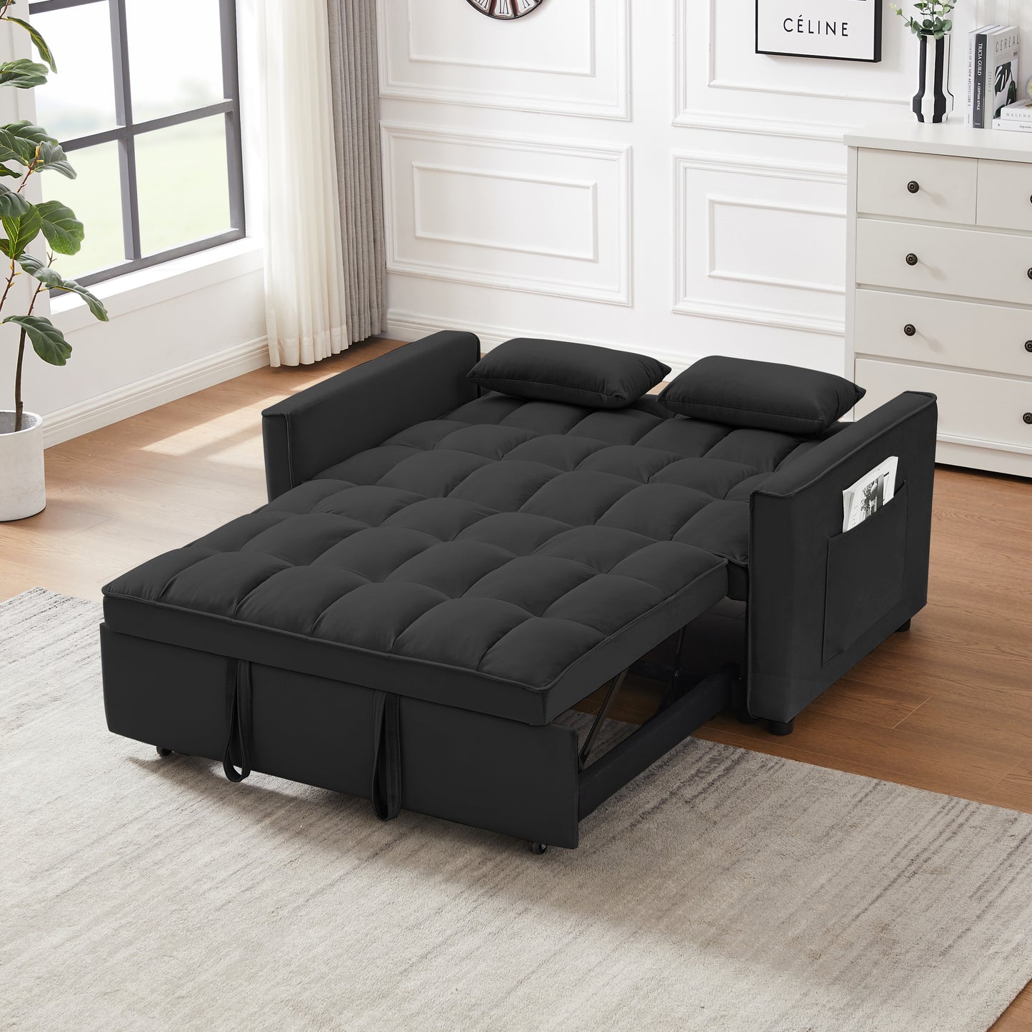 [SantaChoice] Modern Velvet Loveseat Futon Sofa Couch w/Pullout Bed,Small Love Seat Lounge Sofa w/Reclining Backrest,Toss Pillows, Pockets,Furniture for Living Room,3 in 1 Convertible Sleeper Sofa Bed, Black