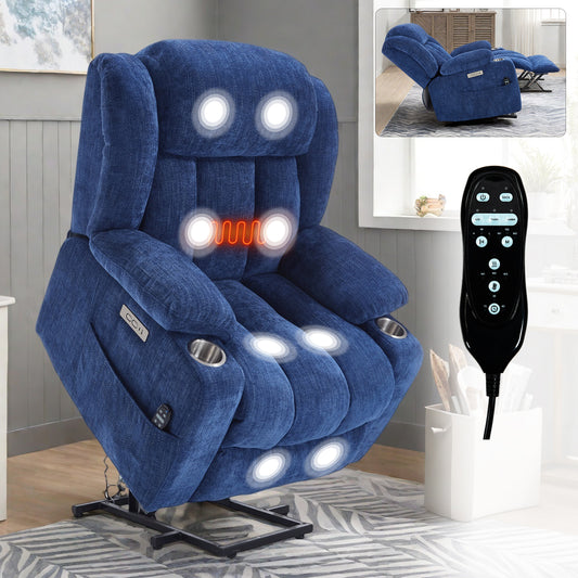 Up to 350 LBS Chenille Power Lift Recliner Chair, Heavy Duty Motion Mechanism with 8-Point Vibration Massage and Lumbar Heating, USB and Type-C Ports, Stainless Steel Cup Holders, Blue