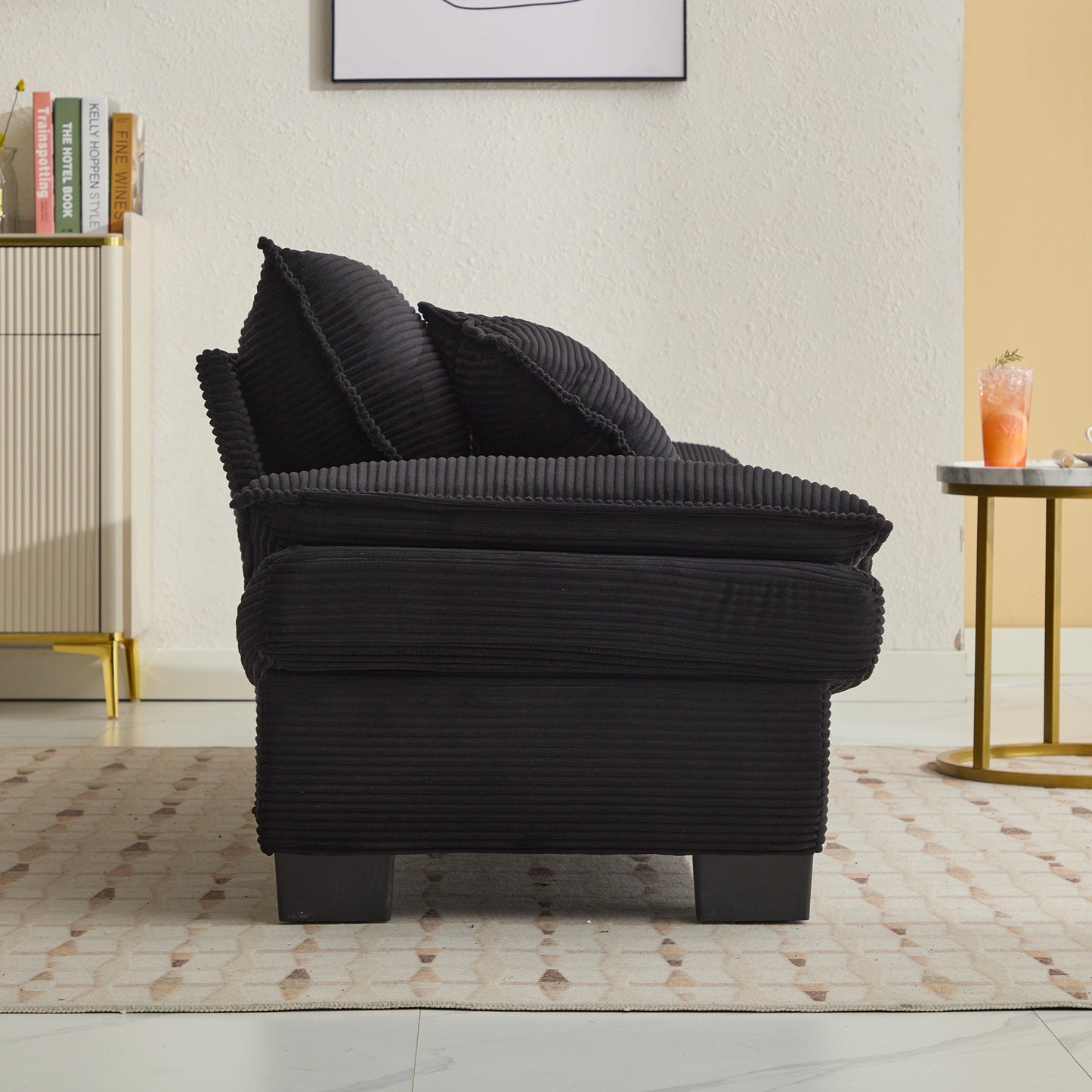 Corduroy Sofa Sleeper Couch Loveseat Sofa with Pillows Comfy Upholstered Deep Seat Sofa for Bedroom,Living Room,Apartment,Office,Dorm-Black Corduroy