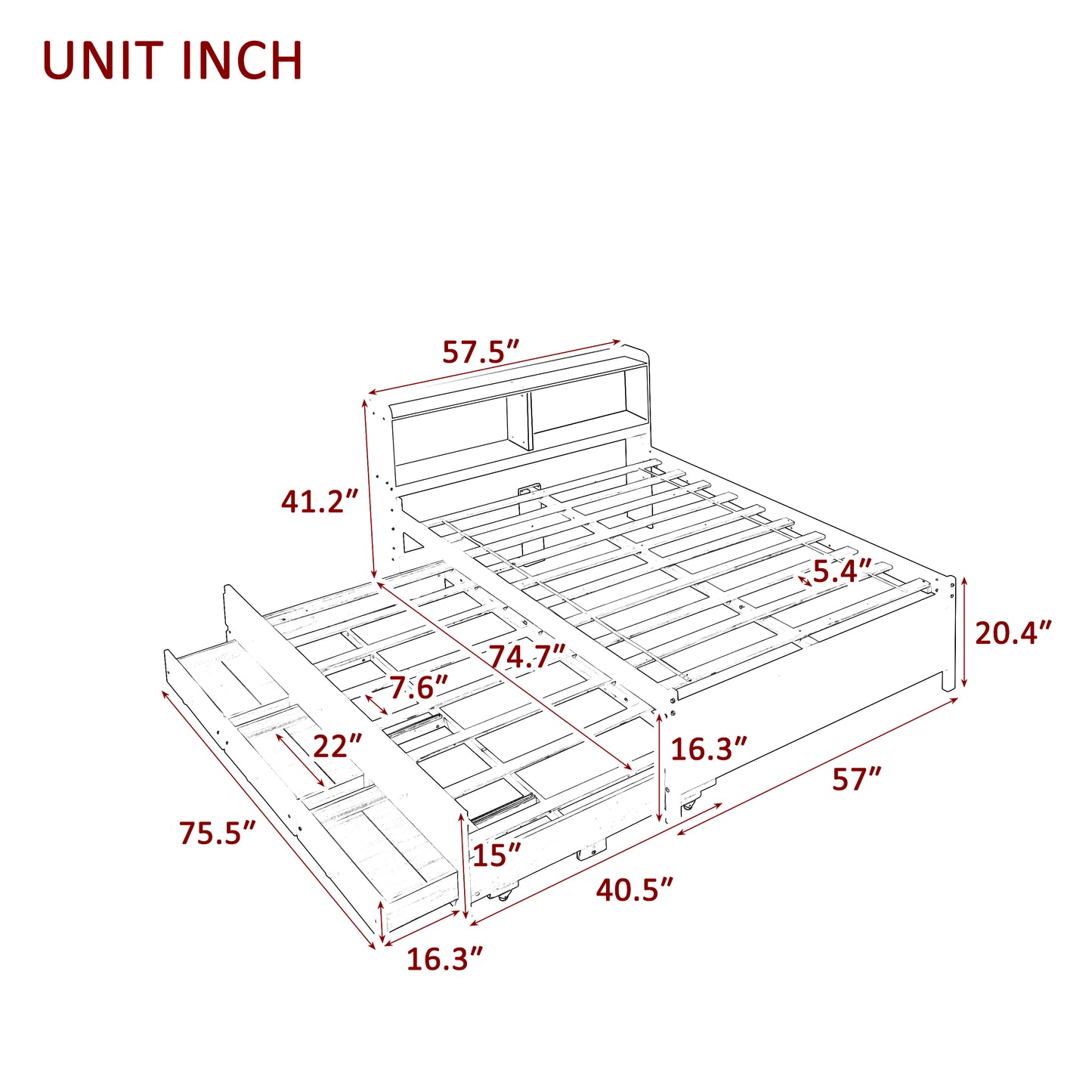 Full Bed with Bookcase,Twin Trundle,Drawers,Grey