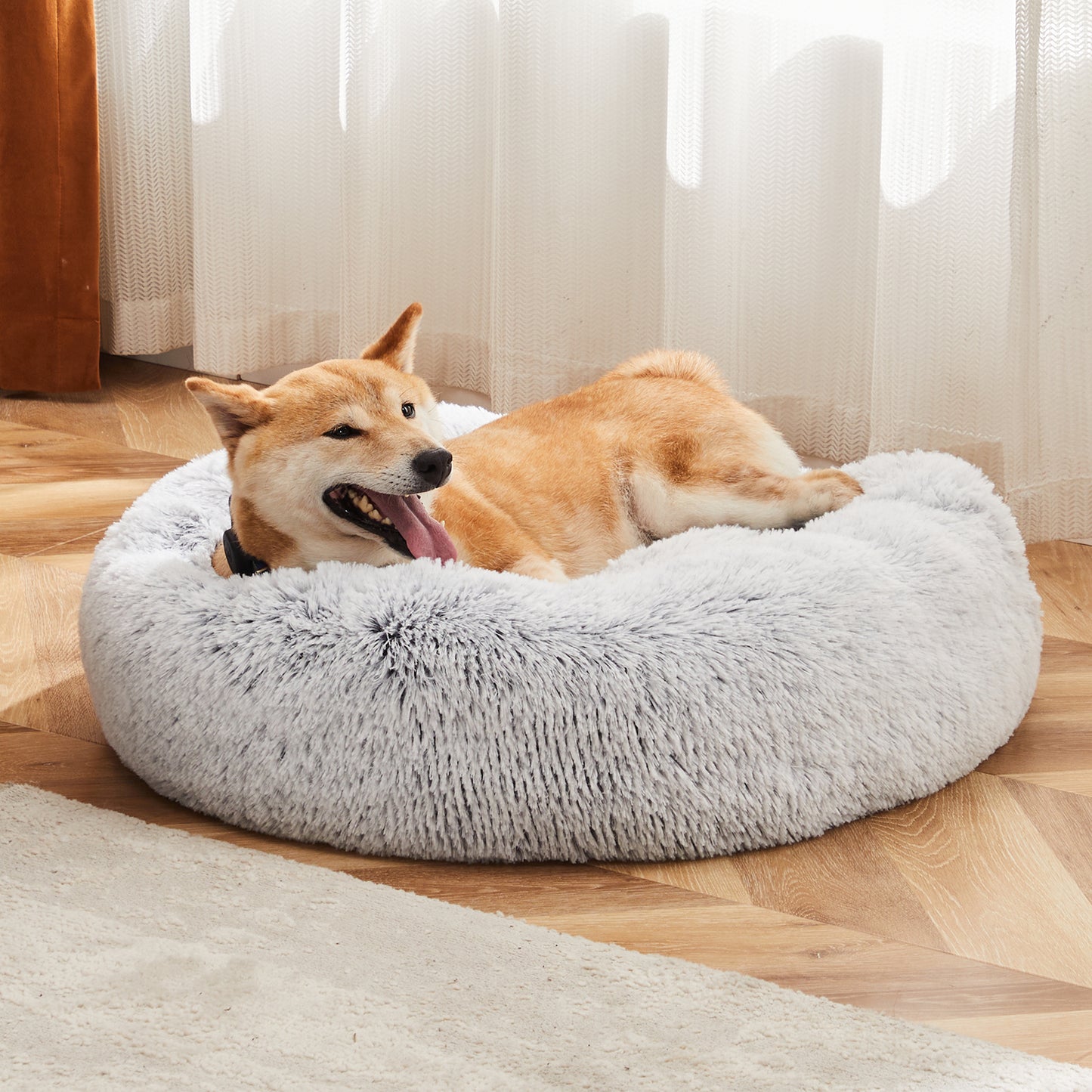 Anti-Slip Round Fluffy Plush Faux Fur Cat Bed, Small  gray