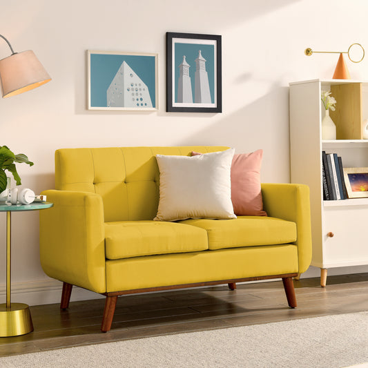 Loveseat Sofa, Mid Century Modern Decor Love Seat Couches for Living Room, Button Tufted Upholstered Small Couch for Bedroom, Solid and Easy to Install Love Seats Furniture, Yellow